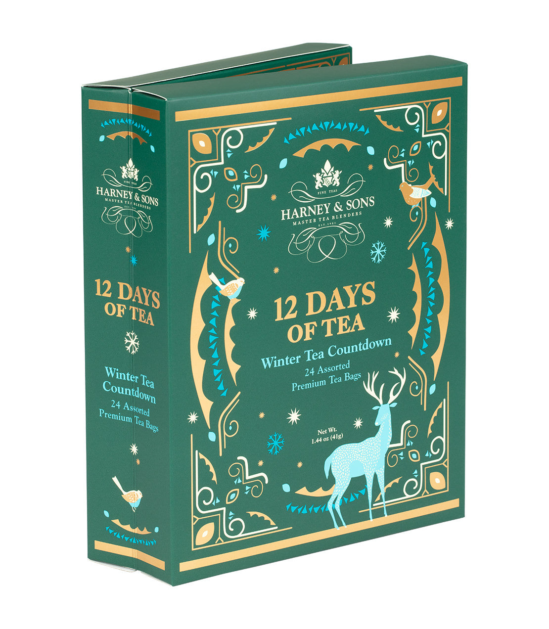Harney & Sons Fine Teas- 12 Days of Tea- Winter Tea Countdown- 24 Assorted Premium Teabags- Green box with gold and blue highlights- Pictured at 3/4 angle