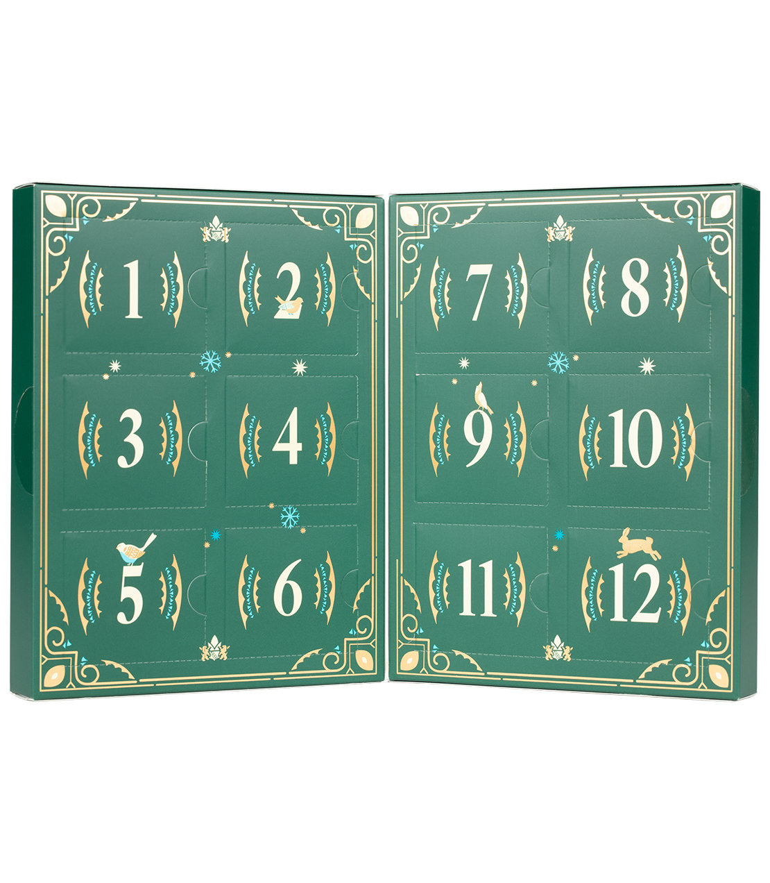 Harney & Sons Fine Teas- 12 Days of Tea- Winter Tea Countdown- 24 Assorted Premium Teabags- Green box with gold and blue highlights- Open with 12 doors visible