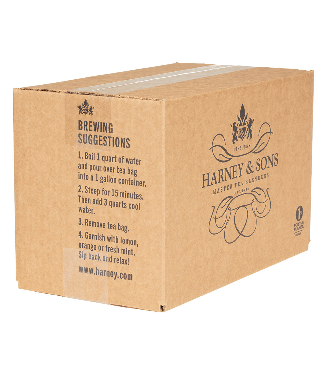 Harney & Sons Fine Teas- Box of 50 pouches of Raspberry Herbal Fresh Brew Iced Tea with brewing instructions on the side.