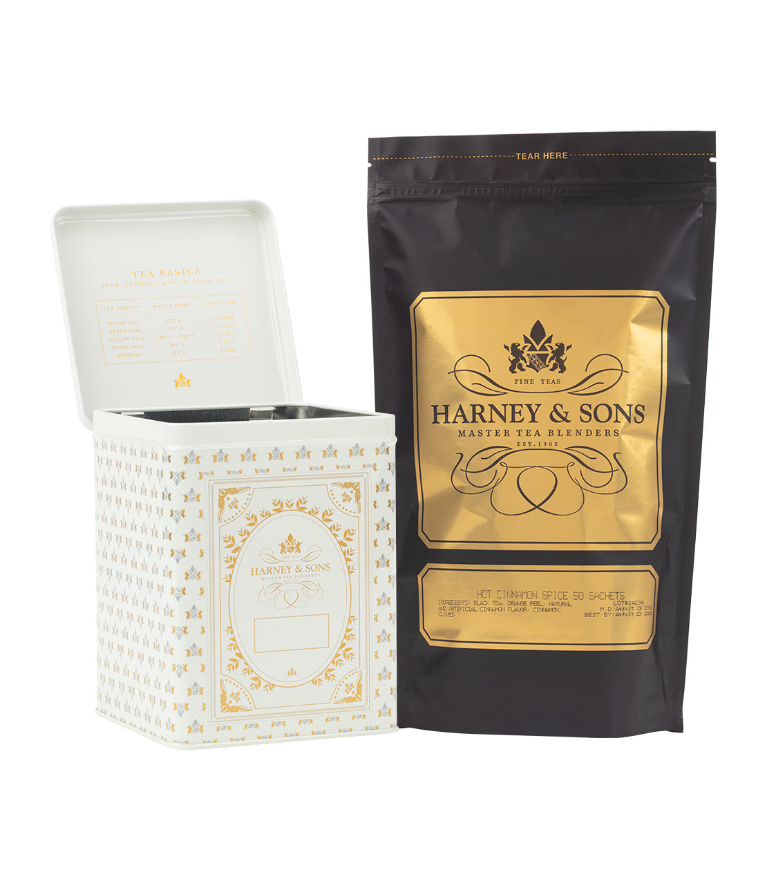 Harney & Sons Fine Teas- Hot Cinnamon Spice Tea Bundle - 50 Sachets & Cream Storage Canister- Open Cream Colored Canister with Gold and Grey accents- Black and gold bag of 50 sachets