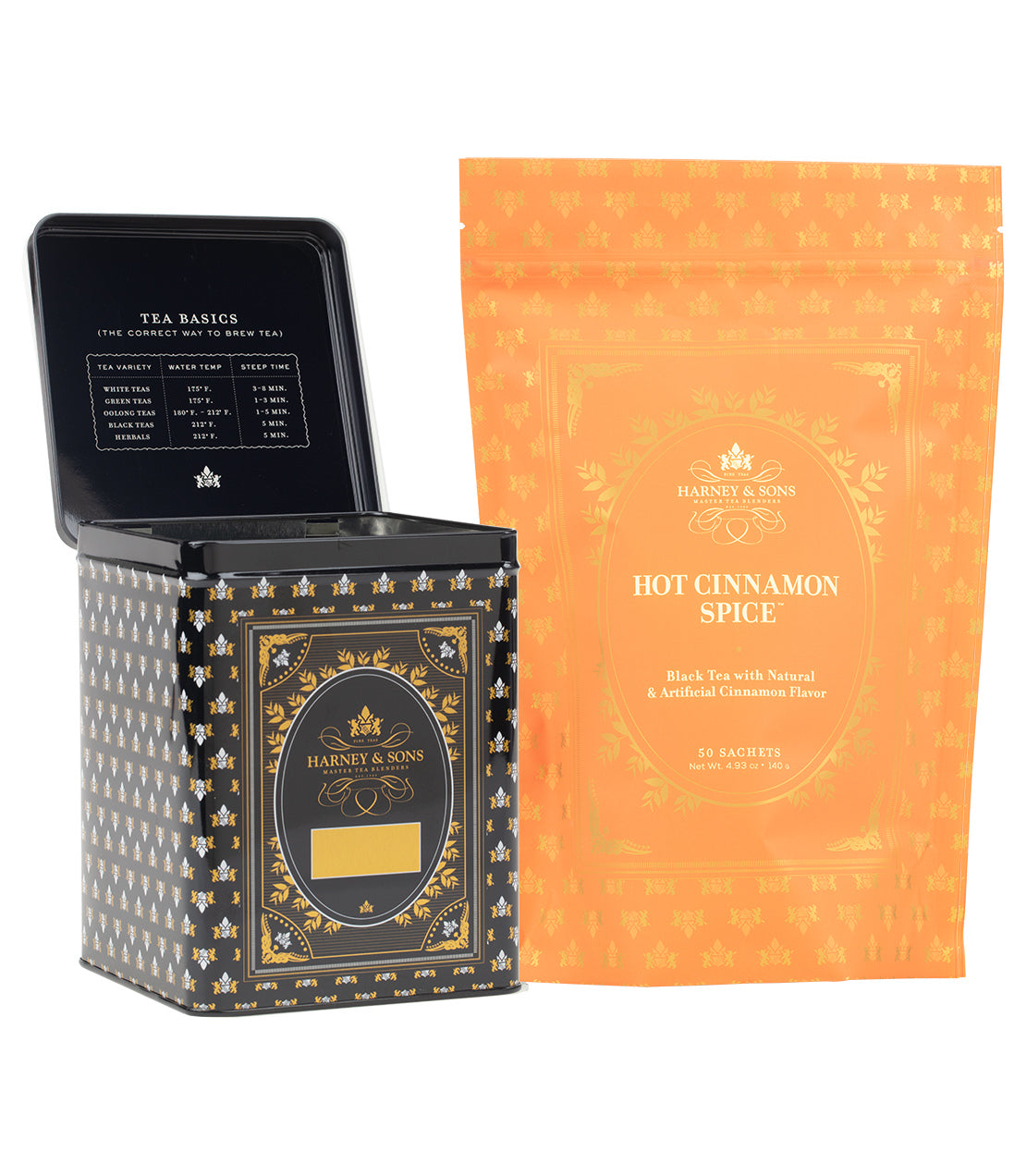 Harney & Sons Fine Teas- Hot Cinnamon Spice Tea Bundle - 50 Sachets & Black Storage Canister- Black Storage Canister pictured with orange bag of 50 sachets