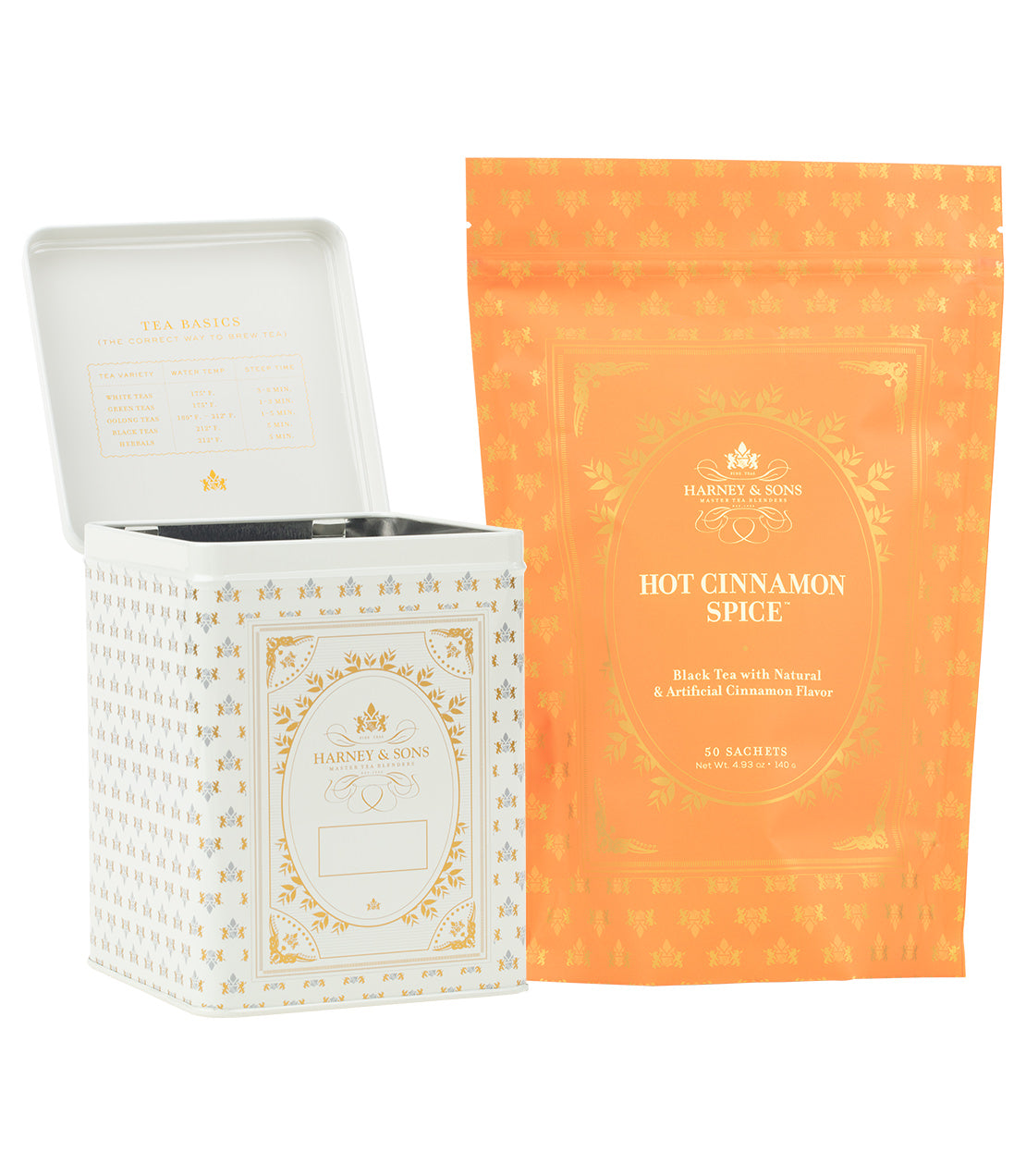 Harney& Sons Fine Teas- Hot Cinnamon Spice Tea Bundle - 50 Sachets & Cream Storage Canister- Cream Storage Canister pictured with orange bag of 50 sachets