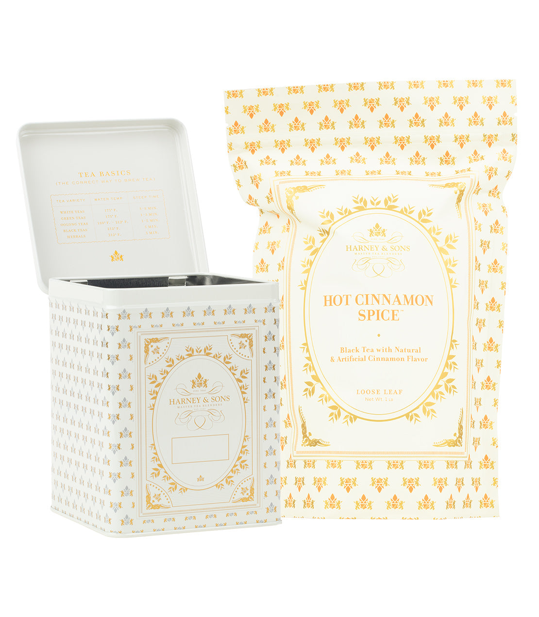 Harney & Sons Fine Teas – Hot Cinnamon Spice Loose Tea Bundle- Cream Hinged Storage Canister and decorative white bag of 1lb of Hot Cinnamon Spice