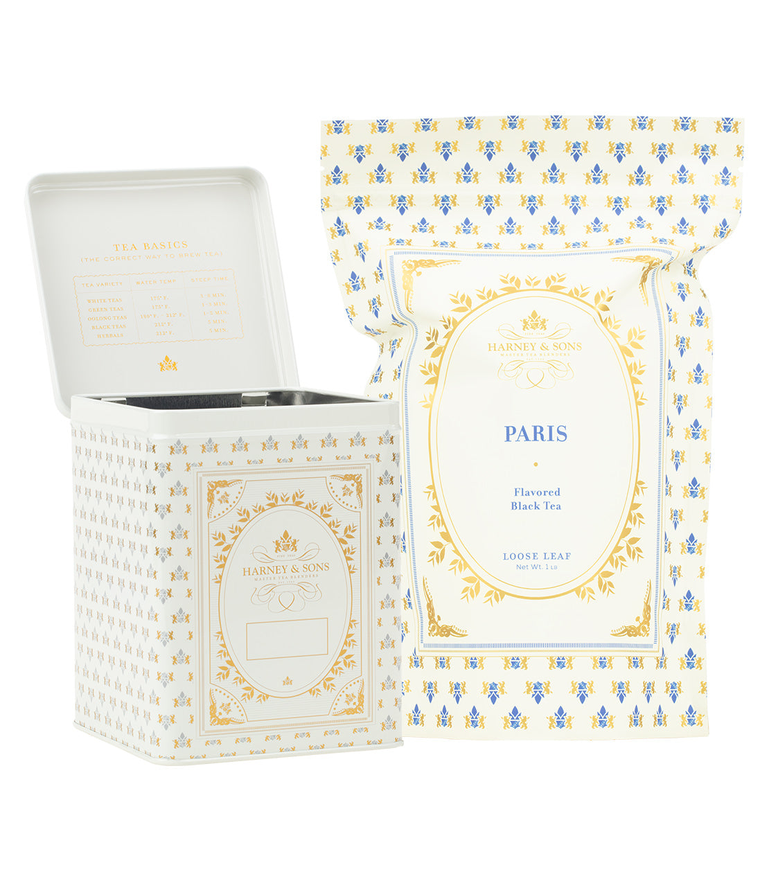 Harney & Sons Fine Teas- Hinged Storage Canister β Paris Loose Tea Bundle- Cream Hinged Canister and White 1lb Bag of Loose Paris Tea
