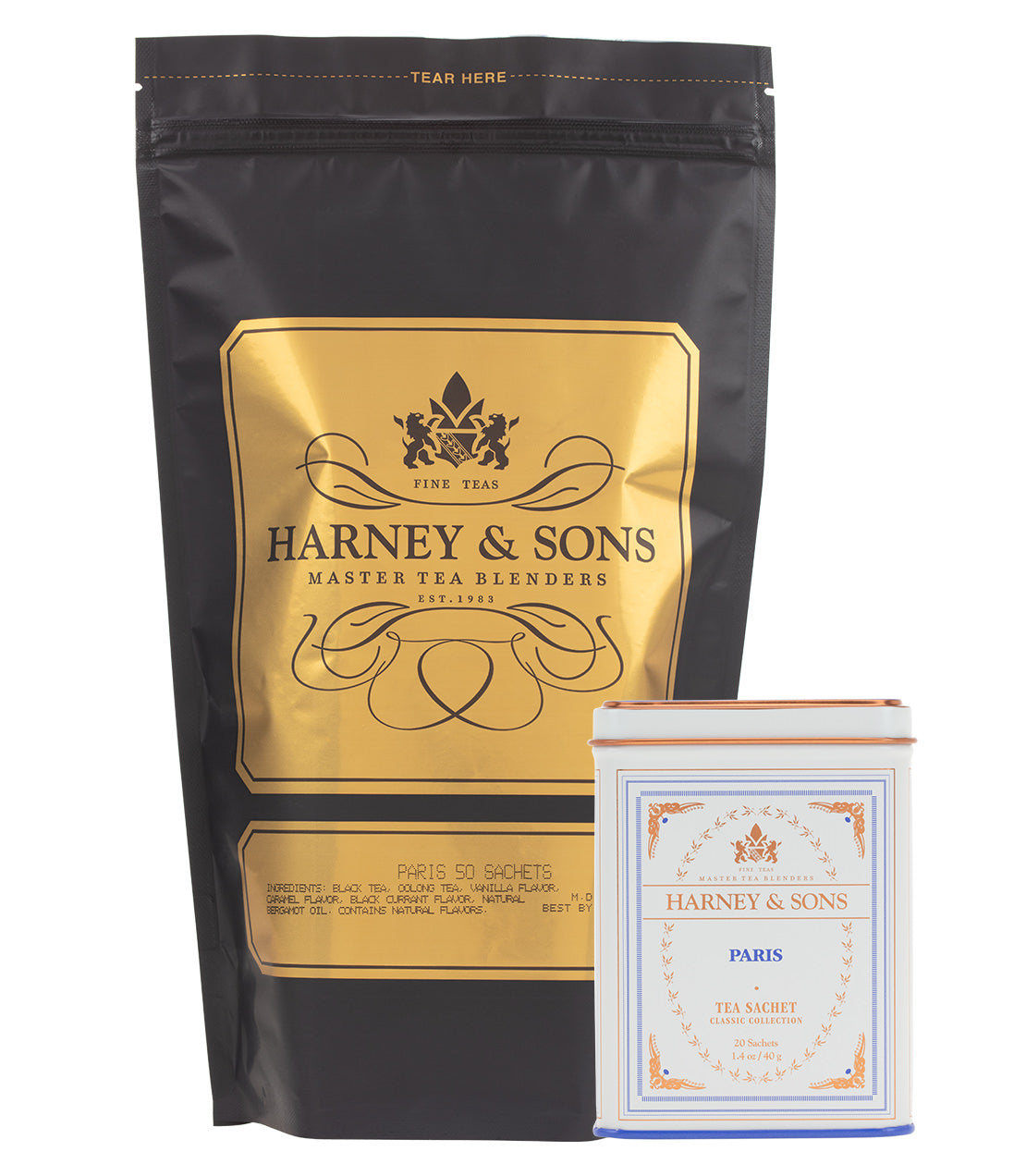 "Harney & Sons Paris Lover Bundle featuring a 50-sachet bag and a decorative tin of Paris tea.