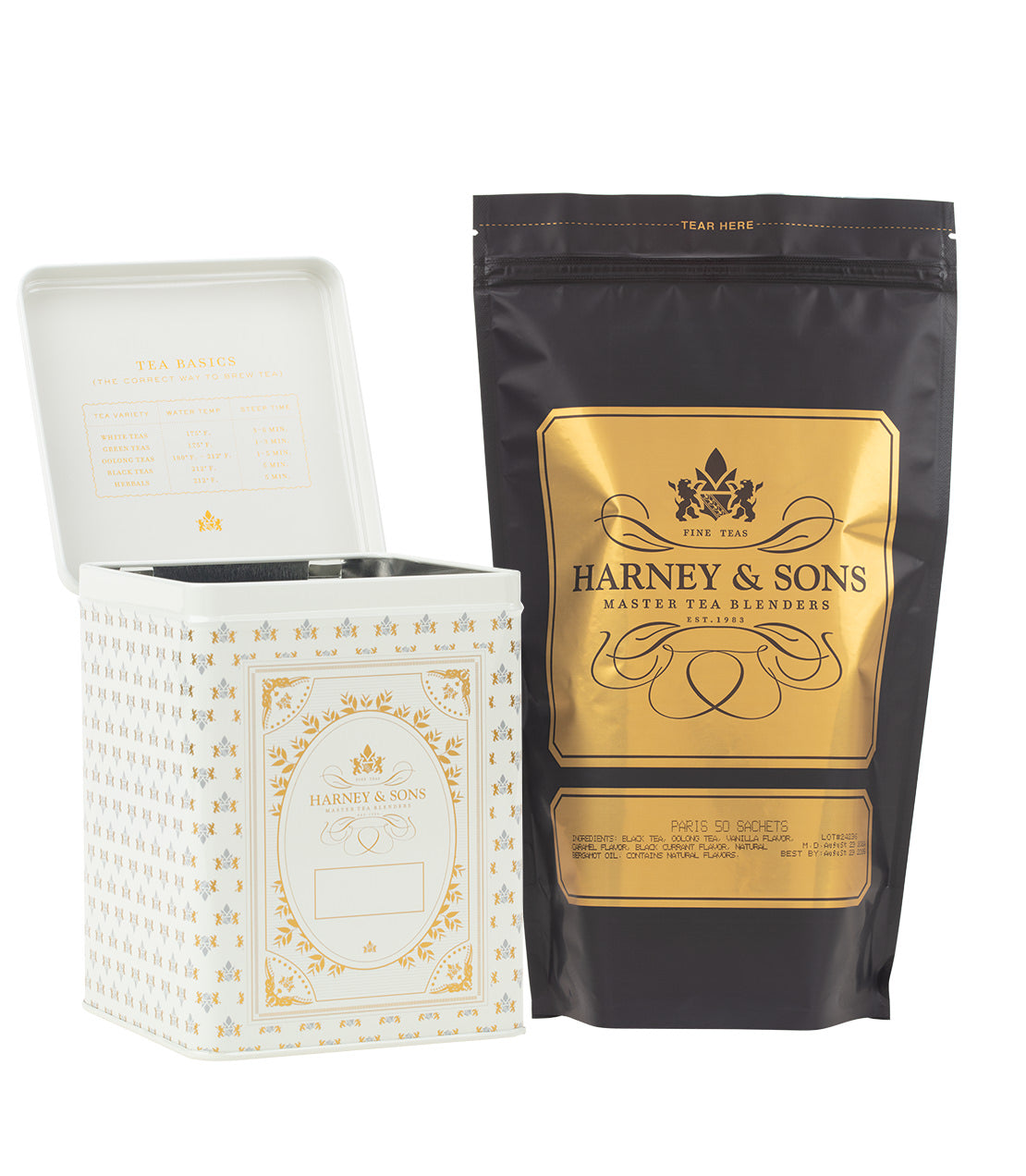 Harney & Sons Fine Teas- Cream Hinged Canister- Paris 50 Sachet Bag- Bundle