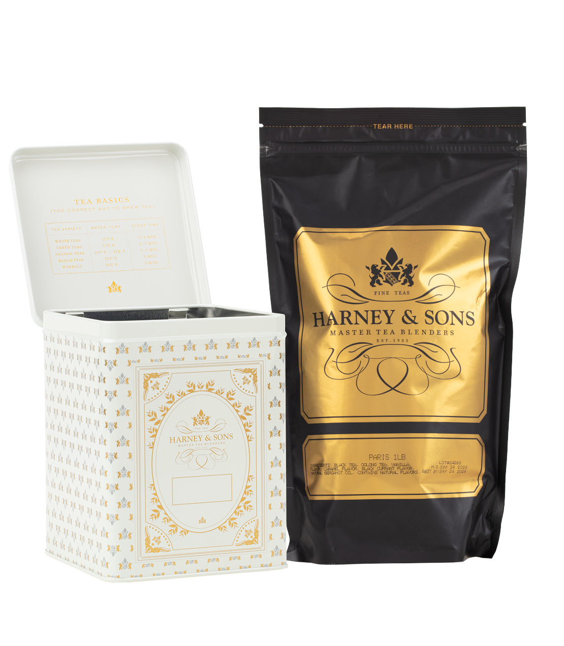 Harney & Sons 50 CT Hinged Canister Bundle featuring Paris Loose Tea in decorative canister and bag.