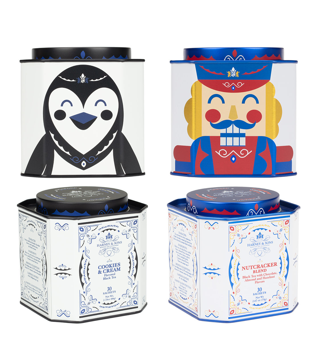 Harney & Sons Fine Teas- Winter Characters Duo Bundle- Two angles of Two tins of 30 count sachets- Cookies & Cream featuring a smiling penguin icon- Nutcracker Blend featuring a nutcracker icon