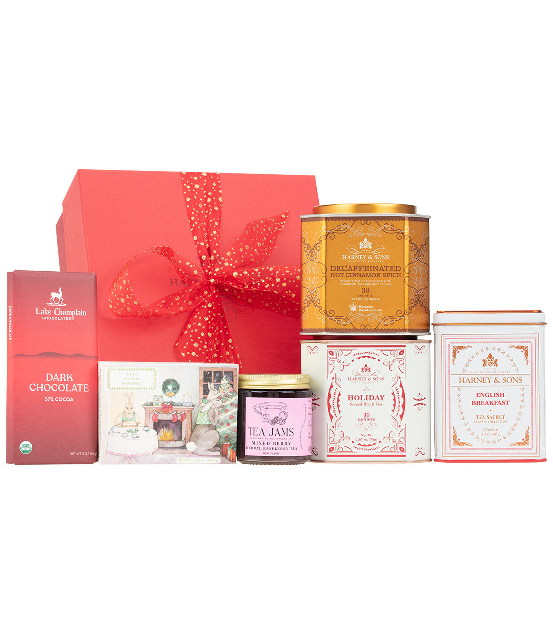 Harney & Sons Fine Teas- Happiest of Holidays Gift- 30ct tins of Decaffeinated Hot Cinnamon Spice and Holiday Tea- 20ct tin of English Breakfast- Jar of Jam - Box of Shortbread- Bar of Dark Chocolate- Red gift box with red and gold bow