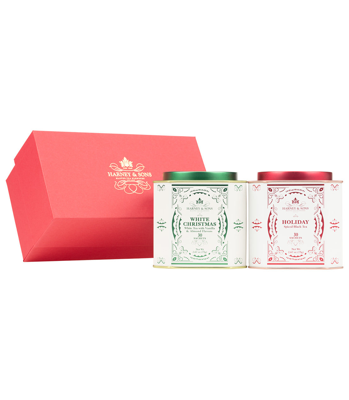 Harney & Sons Fine Teas- Holiday Duo Gift set featuring White Christmas and Holiday tea blends in decorative packaging.