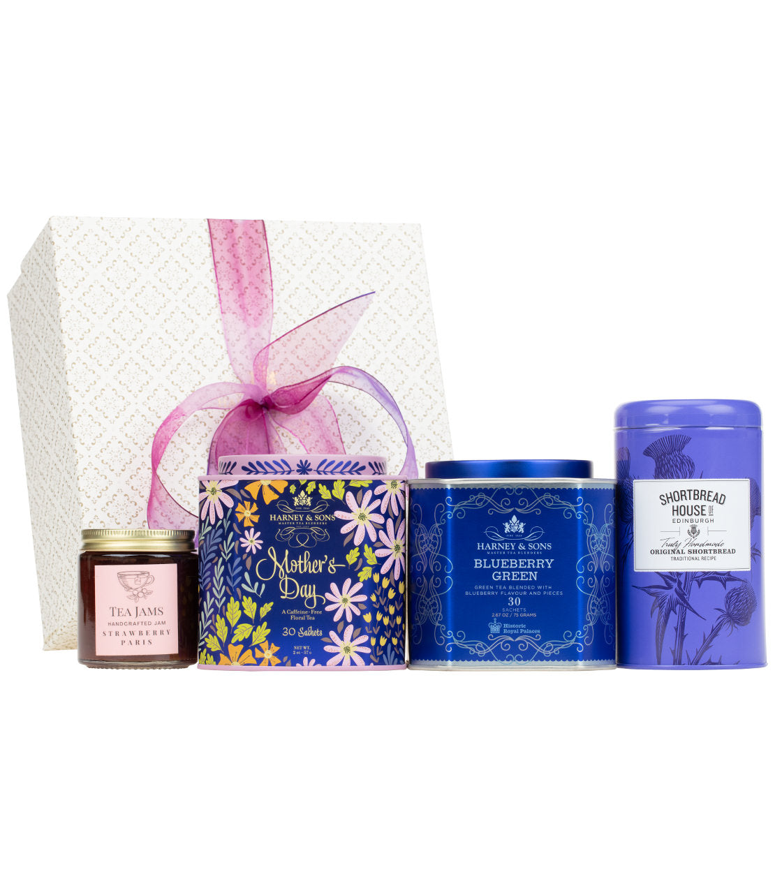 Mother's Day gift box featuring tea, blueberry green tea, tea jams, and shortbread treats. Perfect for celebrating moms.
