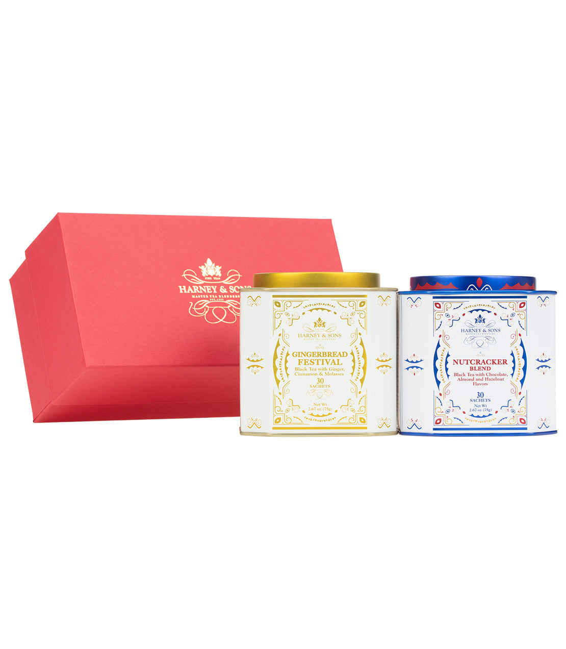 Harney & Sons Fine Teas- Nutcracker Duo Gift featuring Nutcracker Blend and Gingerbread Festival tea tins in a festive red box.