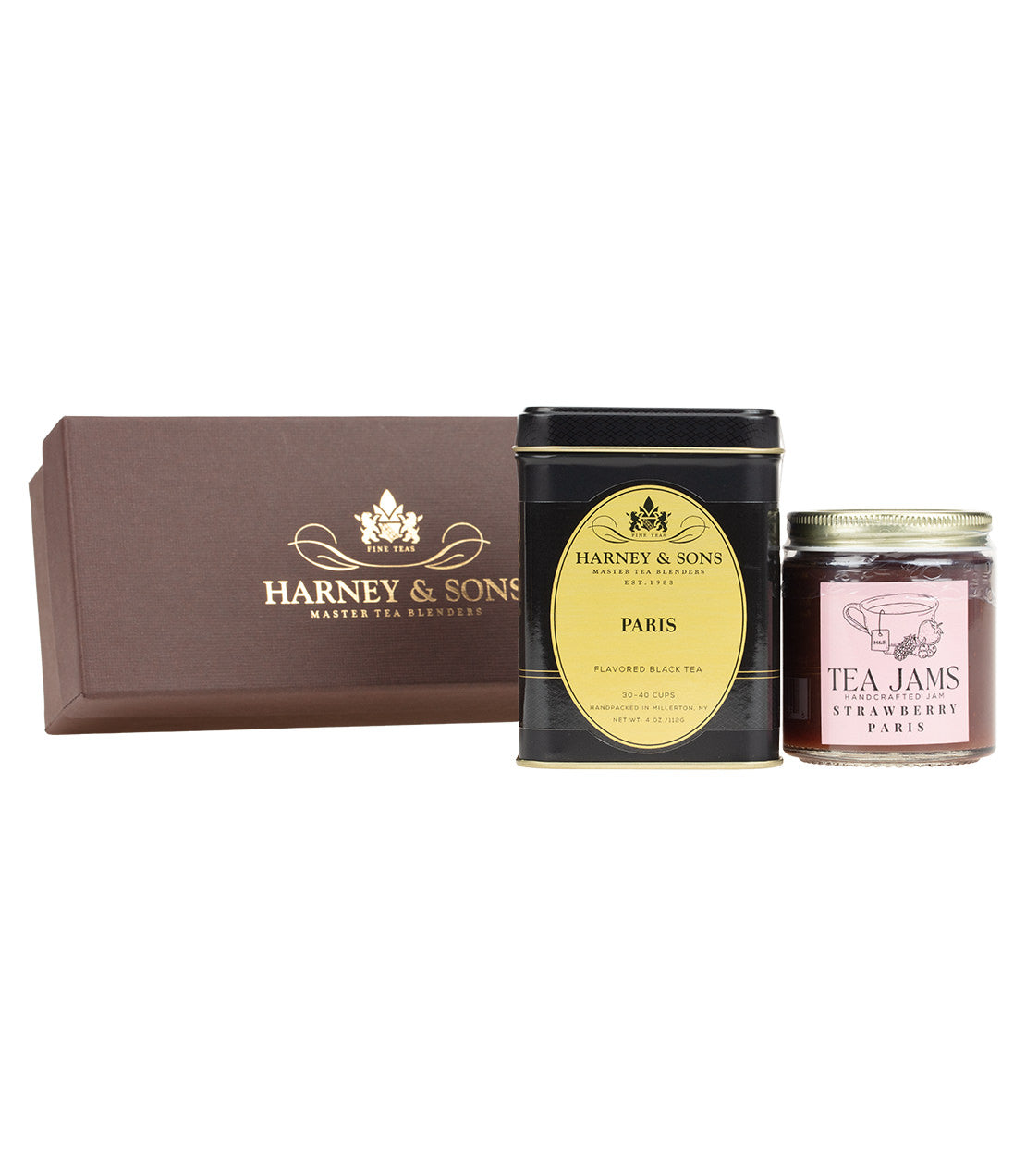 Harney & Sons Fine Teas- Paris Tea & Jam Duo- Featuring Brown Box with Gold Harney Logo- 4oz Tin of Loose Paris Tea- Jar of Strawberry Paris Tea Jam
