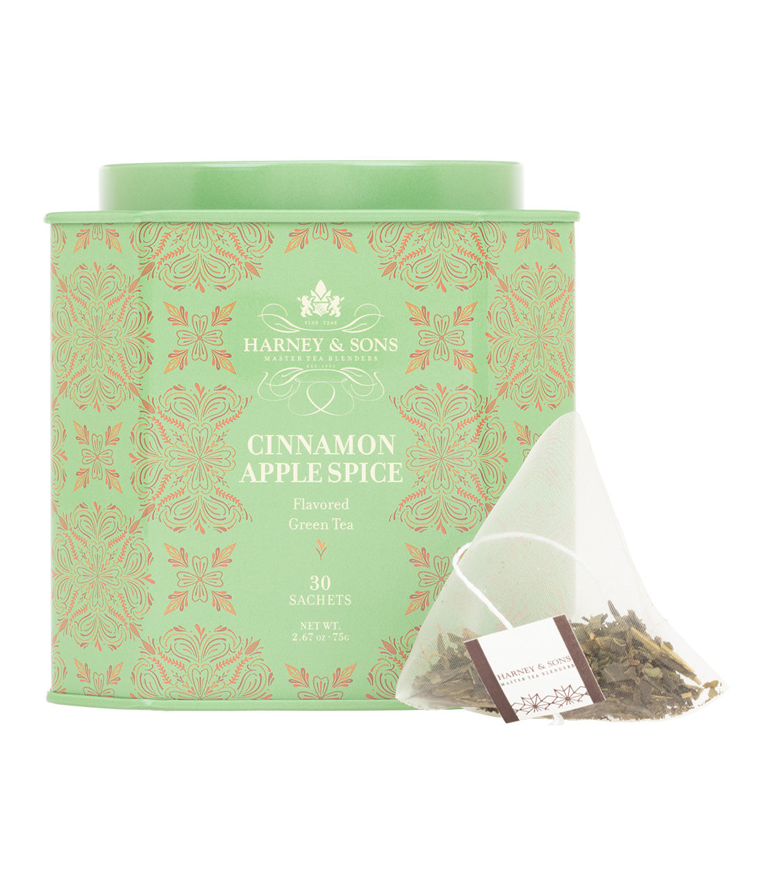 Harney & Sons Fine Teas- Cinnamon Apple Spice- Green 30 Count Tin of Sachets- Head on shot with tea sachet on side