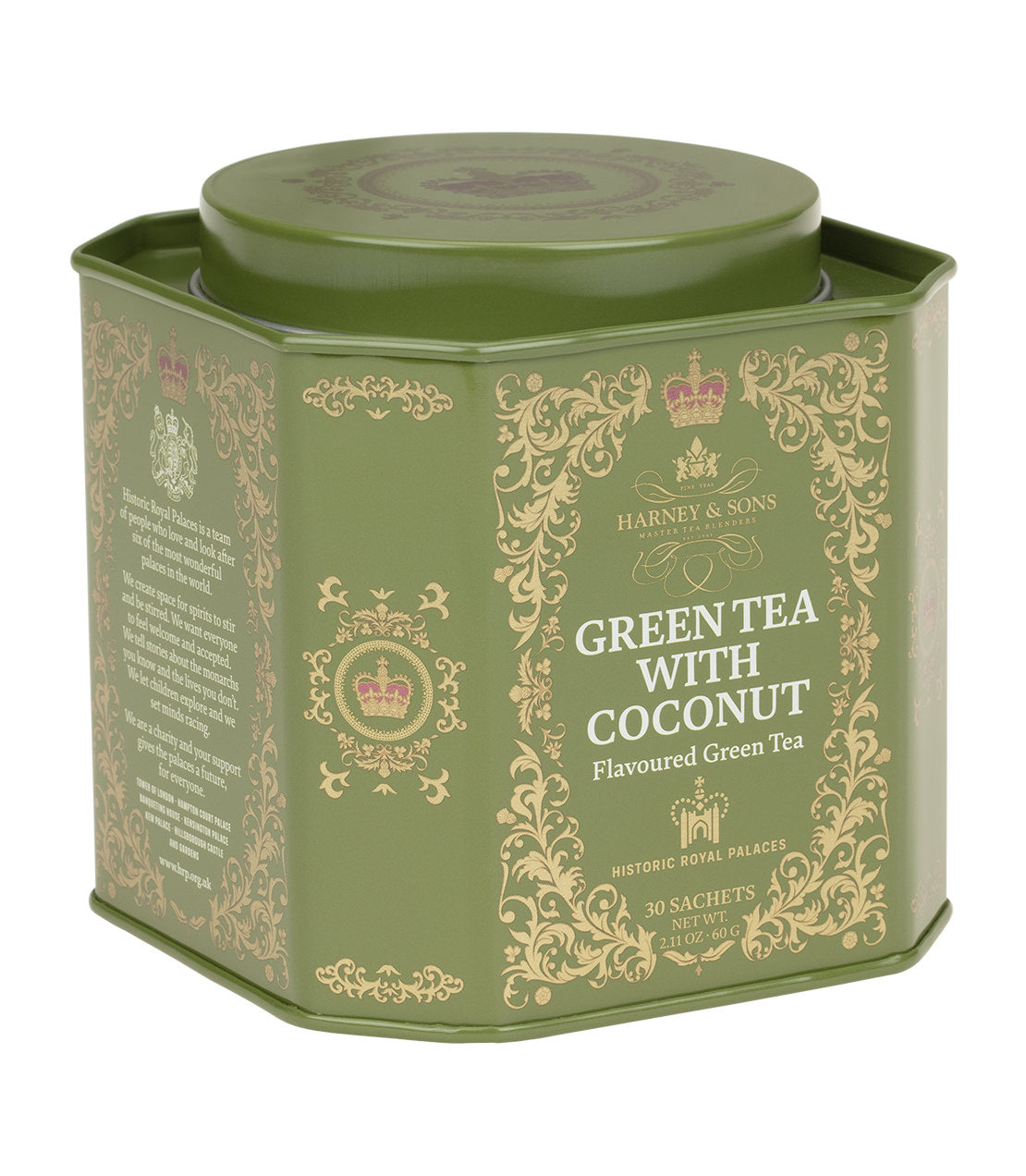 Harney & Sons Fine Teas- Historic Royal Palaces- Green Tea With Coconut, Ginger, and Vanilla- Green Tea With A Thai Twist- Green octagonal tin with gold highlights and white font containing 30 sachets