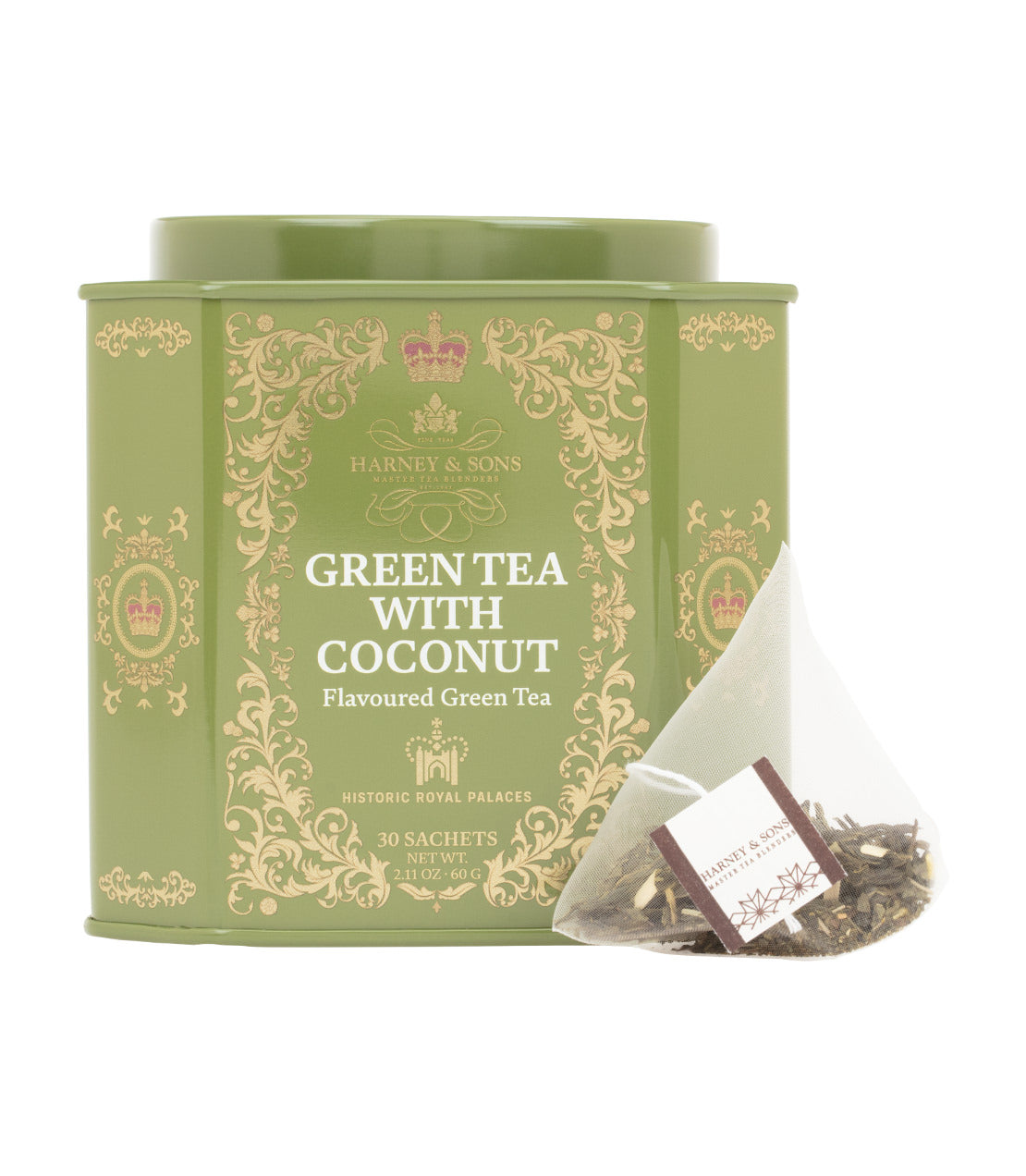 Harney & Sons Fine Teas- Historic Royal Palaces- Green Tea With Coconut, Ginger, and Vanilla- Green Tea With A Thai Twist- Green octagonal tin with gold highlights and white font containing 30 sachets- pictured with pyramid sachet