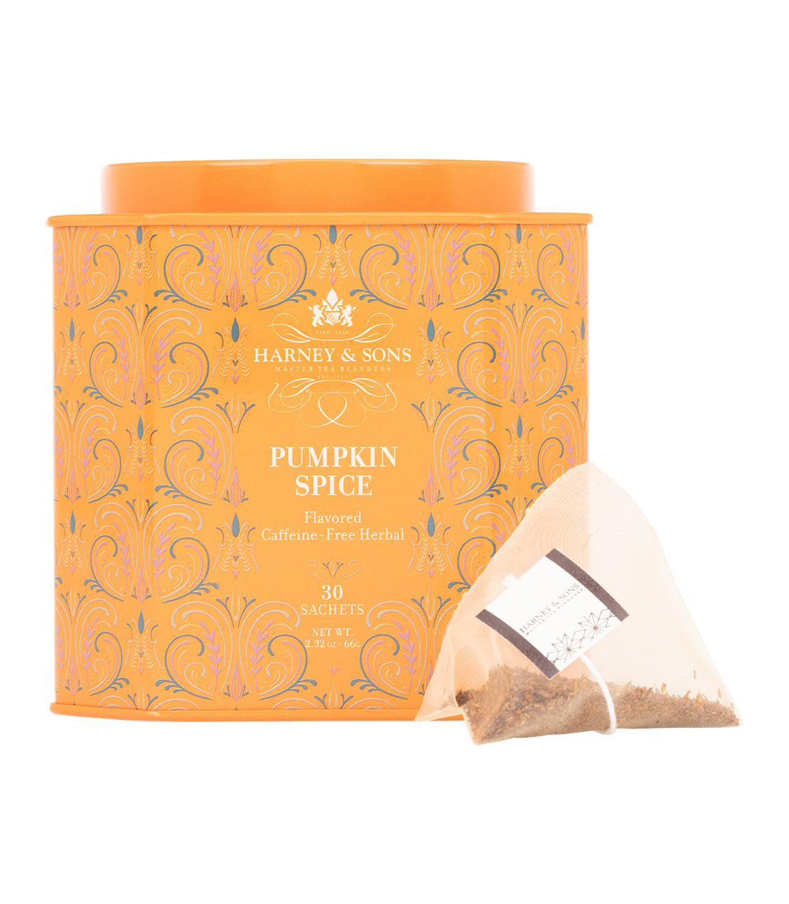 Harney & Sons Fine Teas- Pumpkin Spice- Orange 30 Count Tin of Sachets- Head on shot with tea sachet on side