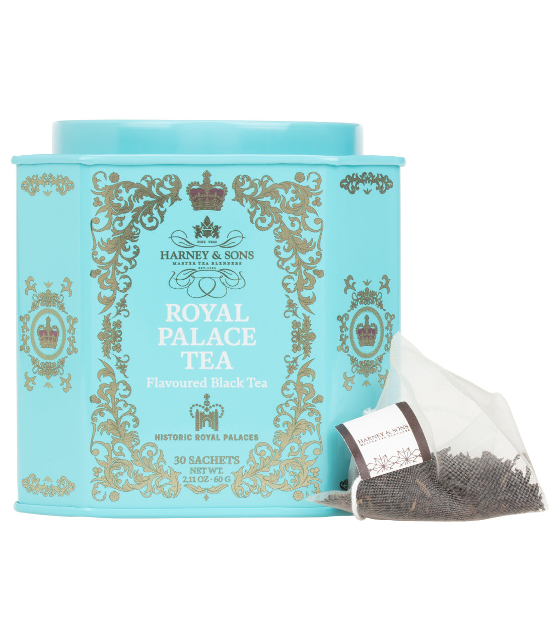 Harney & Sons Fine Teas- Historic Royal Palaces- Royal Palace Tea- Blue and Gold 30 Count Tin of Sachets- Head on shot with tea sachet on side