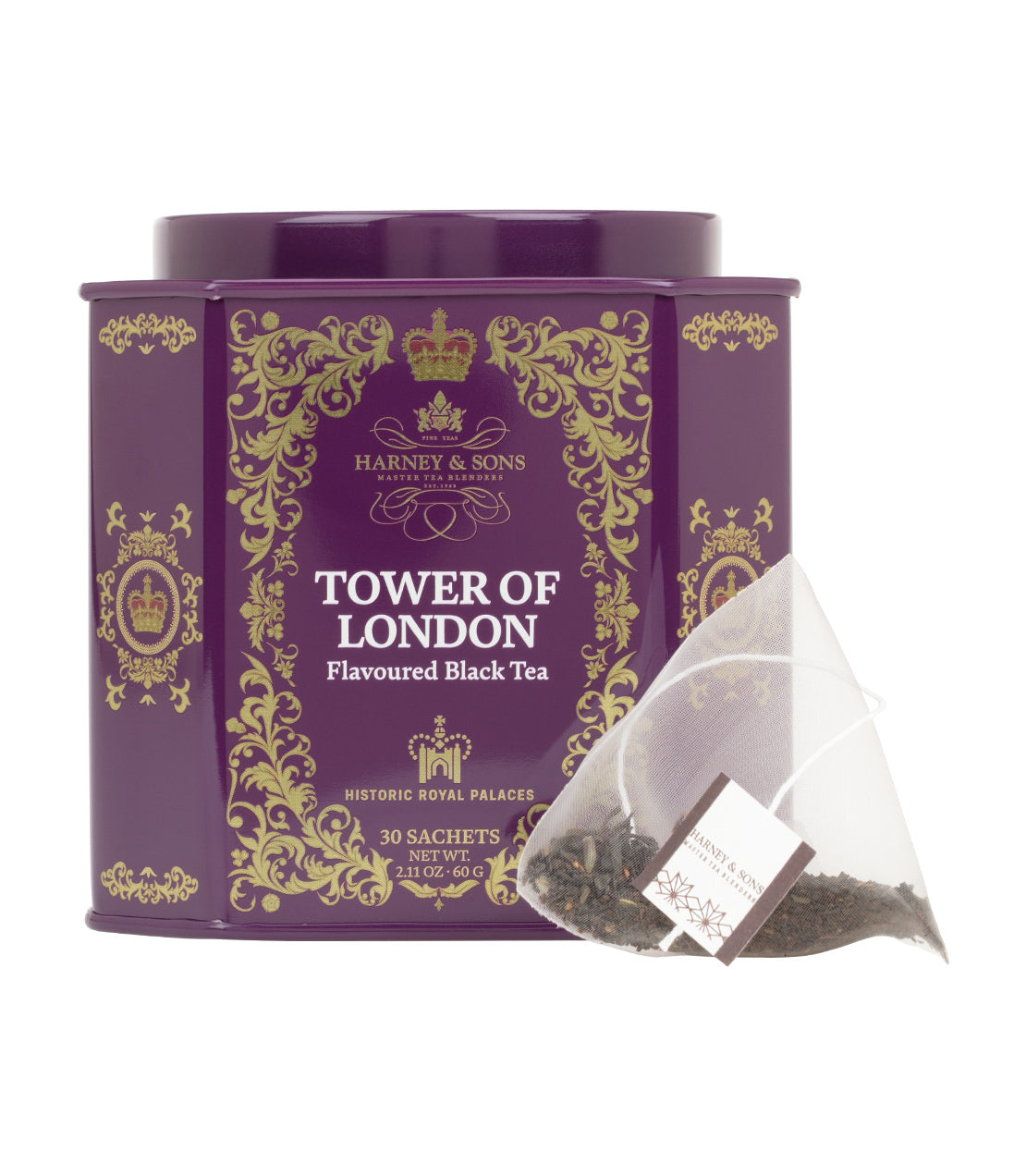 Harney & Sons Tower of London Blend tea tin with 30 sachets, featuring a purple design and historic branding- Pictured with pyramid sachet