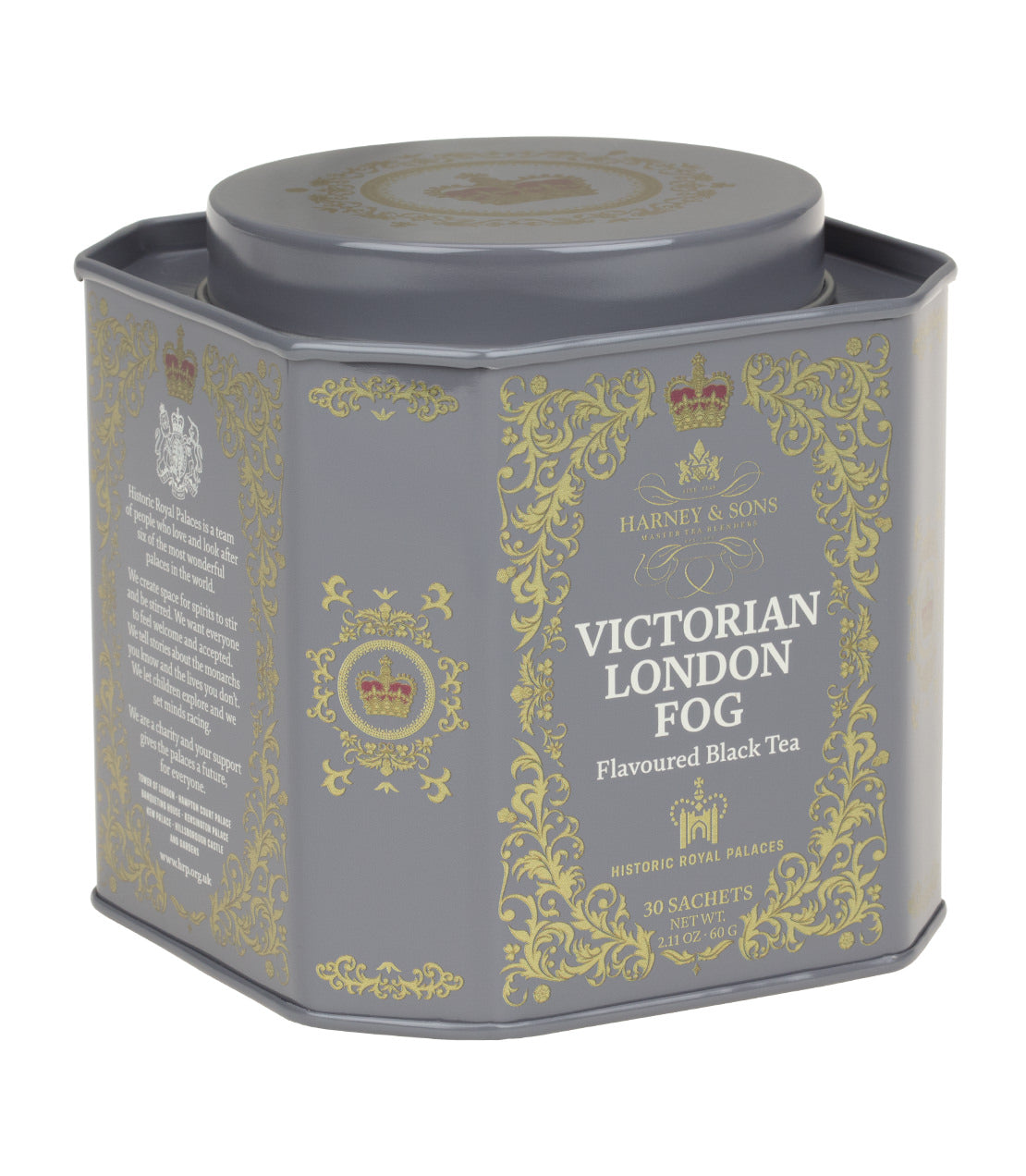 Victorian London Fog tea tin by Harney & Sons, featuring 30 sachets of smooth black tea with citrus, vanilla, and lavender.
