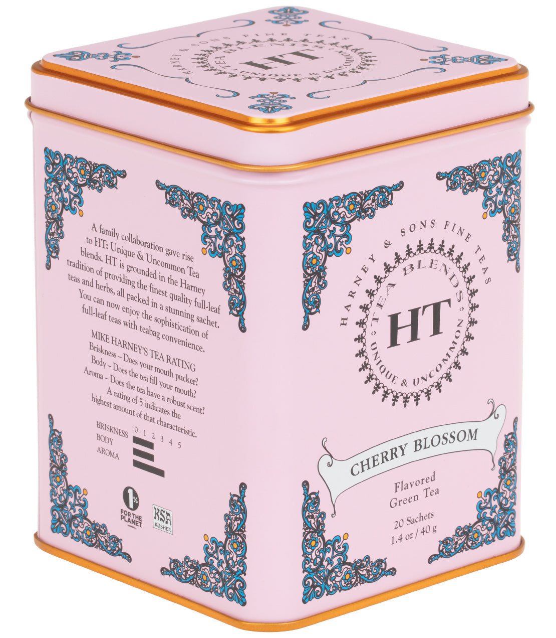 Cherry Blossom HT tin containing 20 sachets of flavored green tea, featuring elegant pink and gold design.