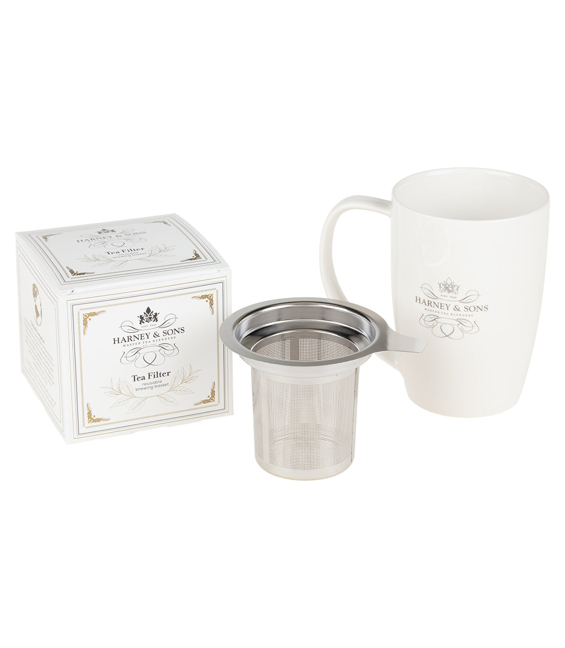 Harney & Sons Fine Teas- Harney & Sons Mug with Permanent Tea Filter Bundle- White Filter box- silver filter- White logo mug