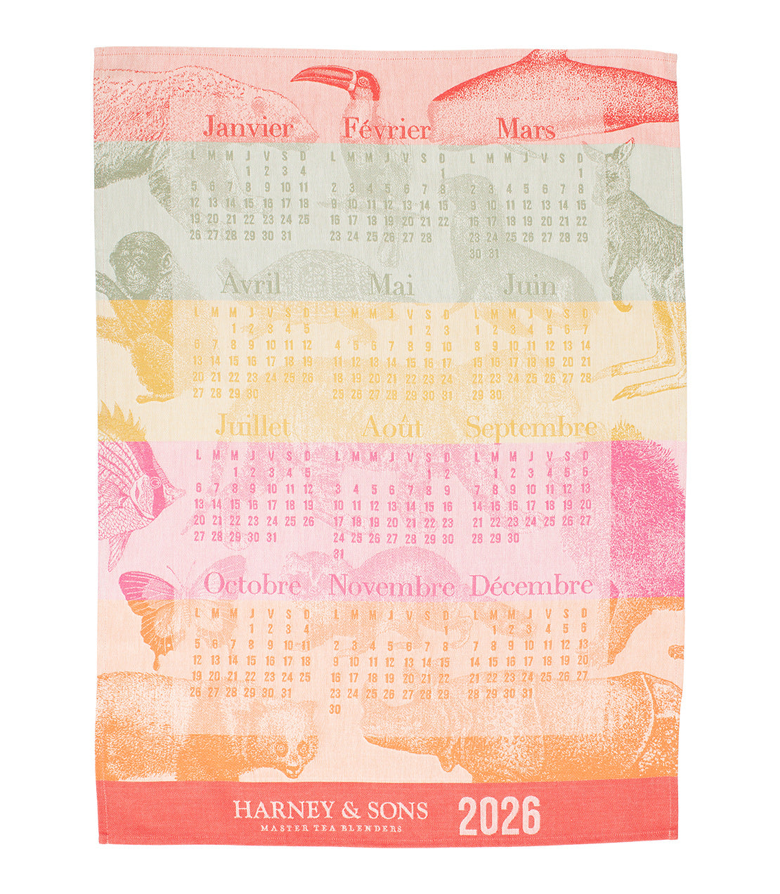 Harney & Sons Fine Teas- Le Jaquard 2026 Tea Towel Calendar- Multicolored towel with calendar labeled in French featuring various animals