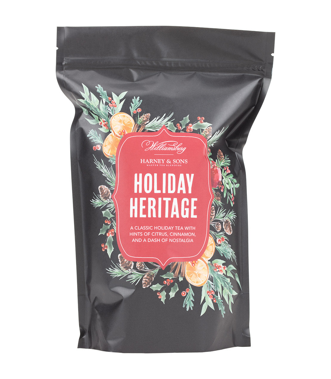 Harney & Sons Fine Teas- Colonial Williamsburg- Holiday Heritage- 1LB Bag of loose tea- Black Bag with red badge and festive decorations