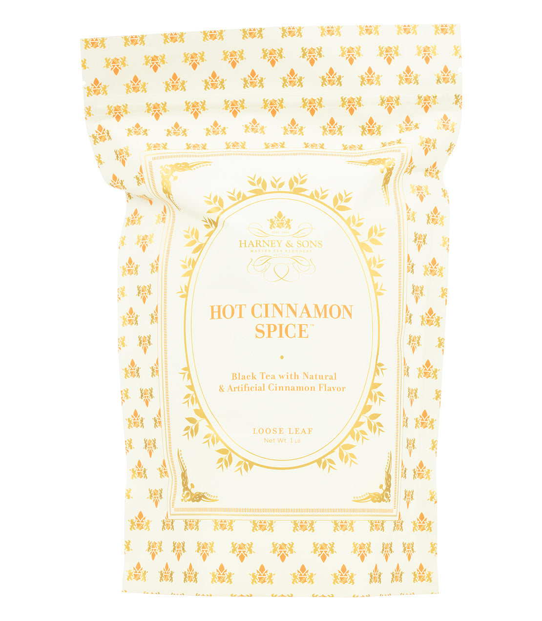 Harney & Sons Fine Teas- Hot Cinnamon Spice- 1 Pound/16OZ Bag- Cream bag with orange and gold design