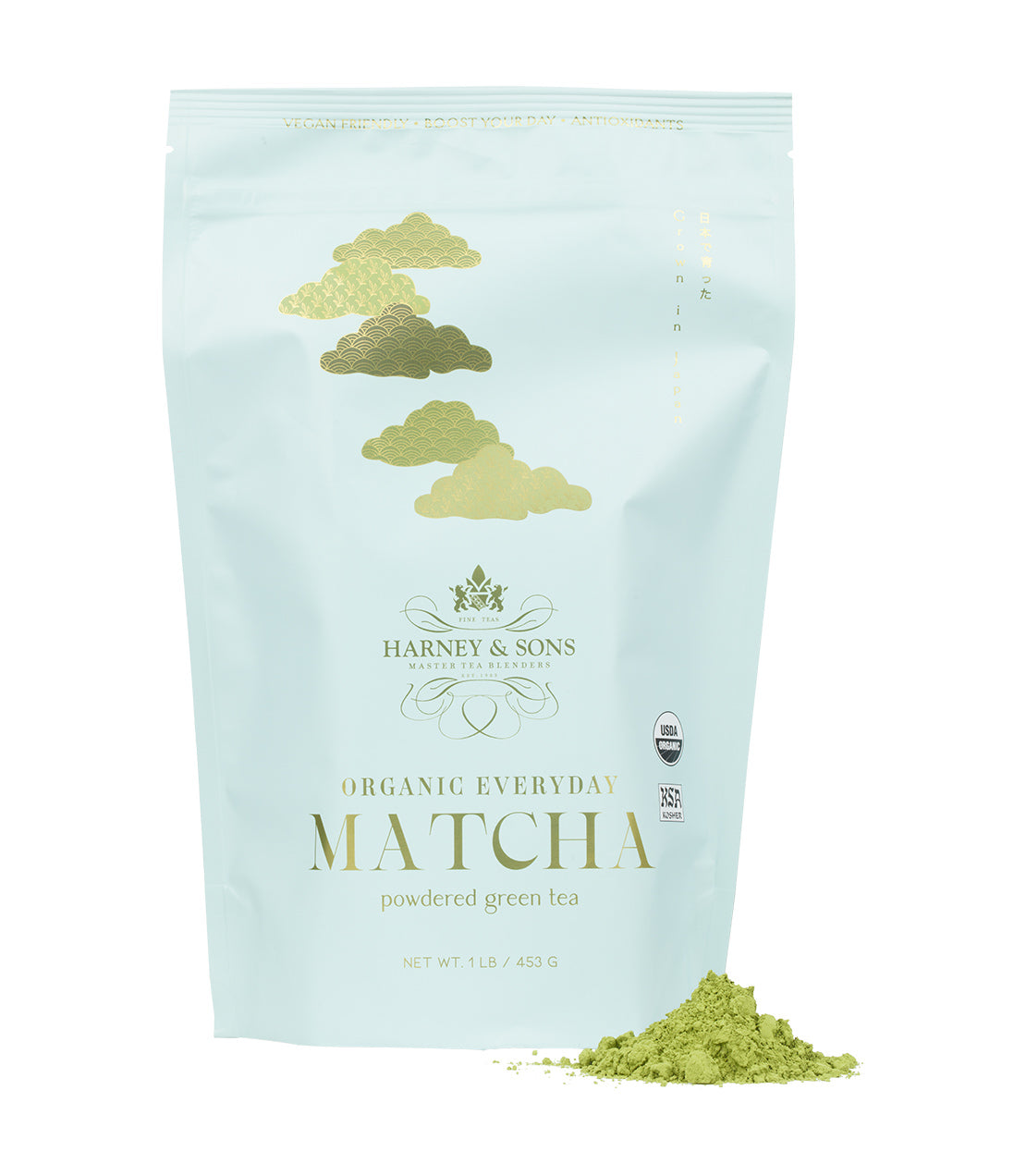 Harney & Sons Fine Teas- Organic Everyday Matcha powder 1LB Bag featuring a light blue design with gold accents- Pile of matcha powder pictured in front of bag