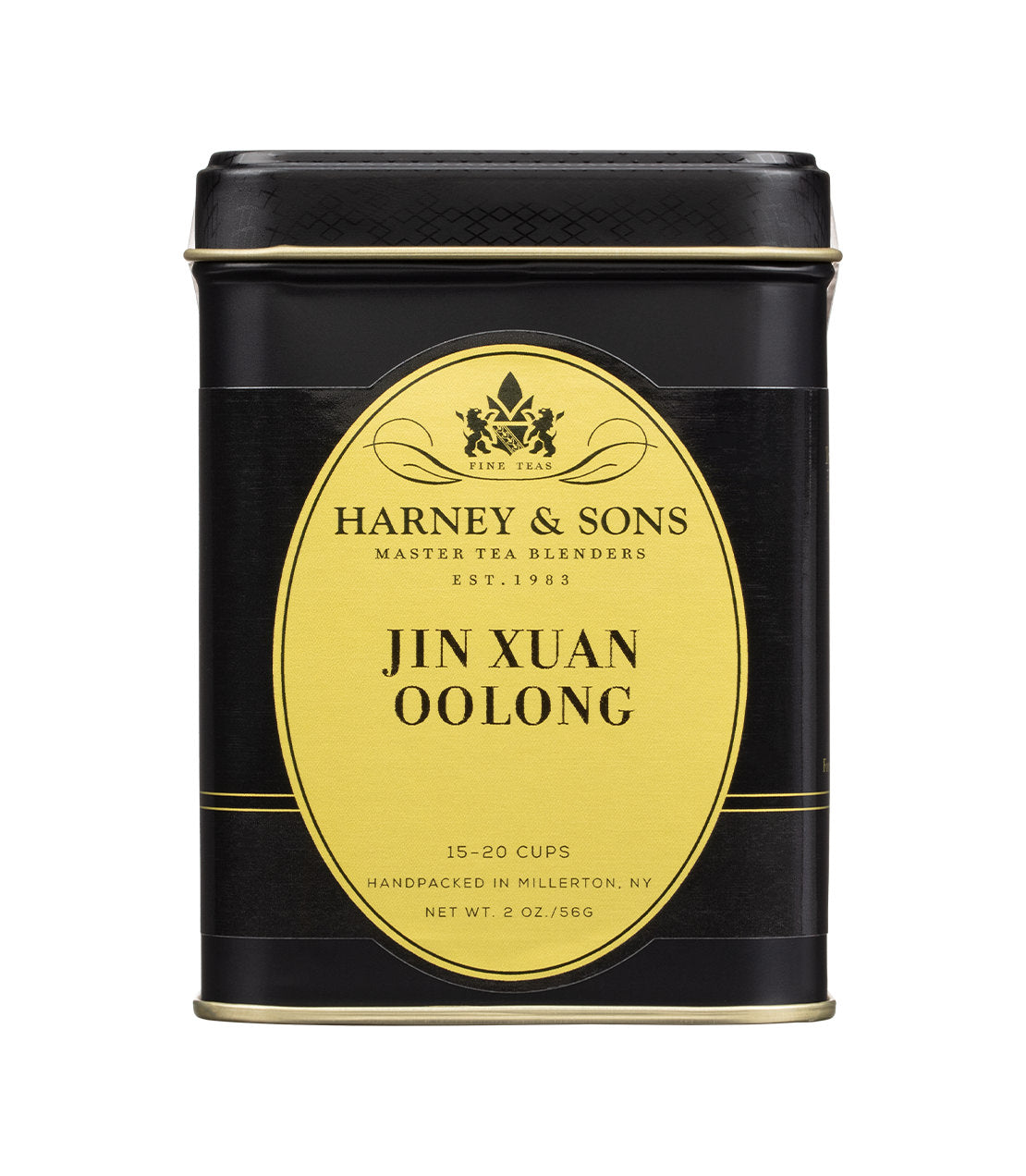 Black tin container of Jin Xuan Oolong tea by Harney & Sons, labeled for 15-20 cups, handpacked in Millerton, NY.