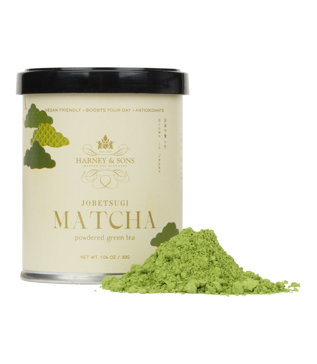 Harney & Sons Fine Teas- 30 Gram tin of Jobetsugi Matcha powder with vibrant green matcha powder piled in front- Tin is beige with green and gold accents