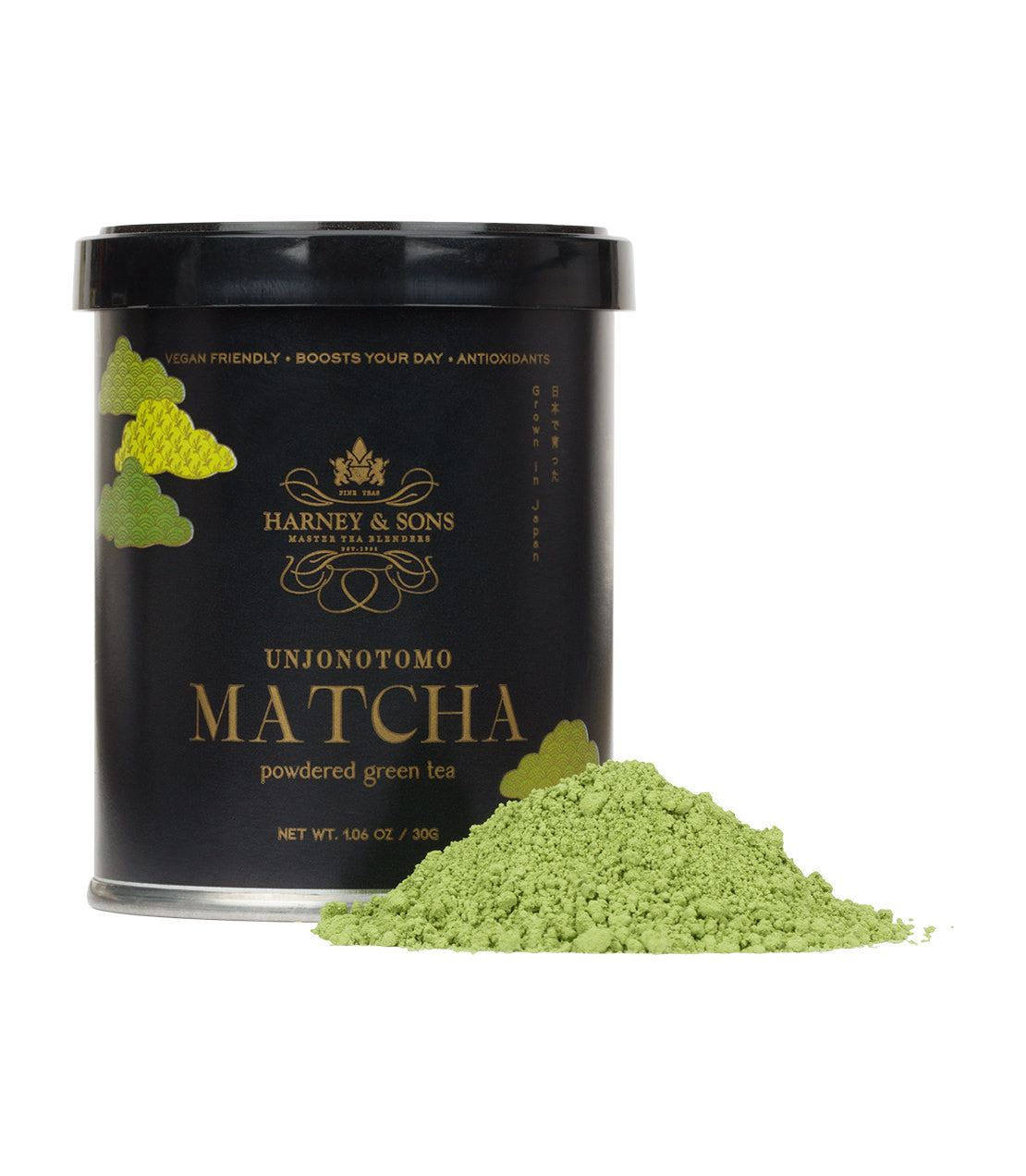 Harney & Sons Fine Teas- 30 Gram tin of Unjonotomo Matcha powder with vibrant green matcha powder piled in front- Tin is black with green and gold accents