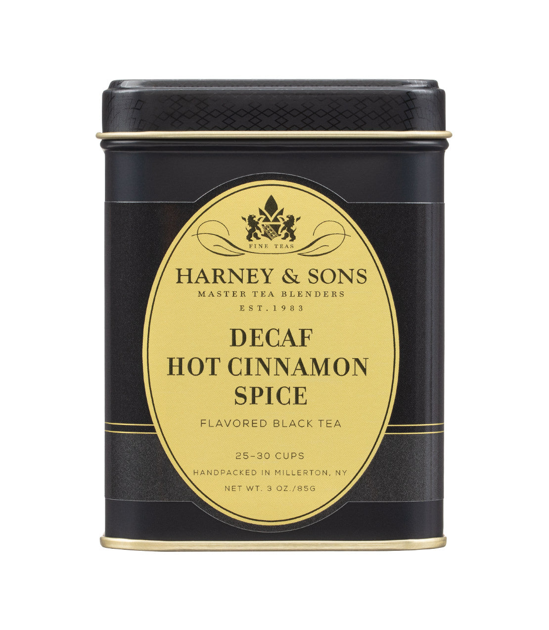Harney & Sons Fine Teas- Decaf Hot Cinnamon Spice- 4oz black and gold tin of loose tea