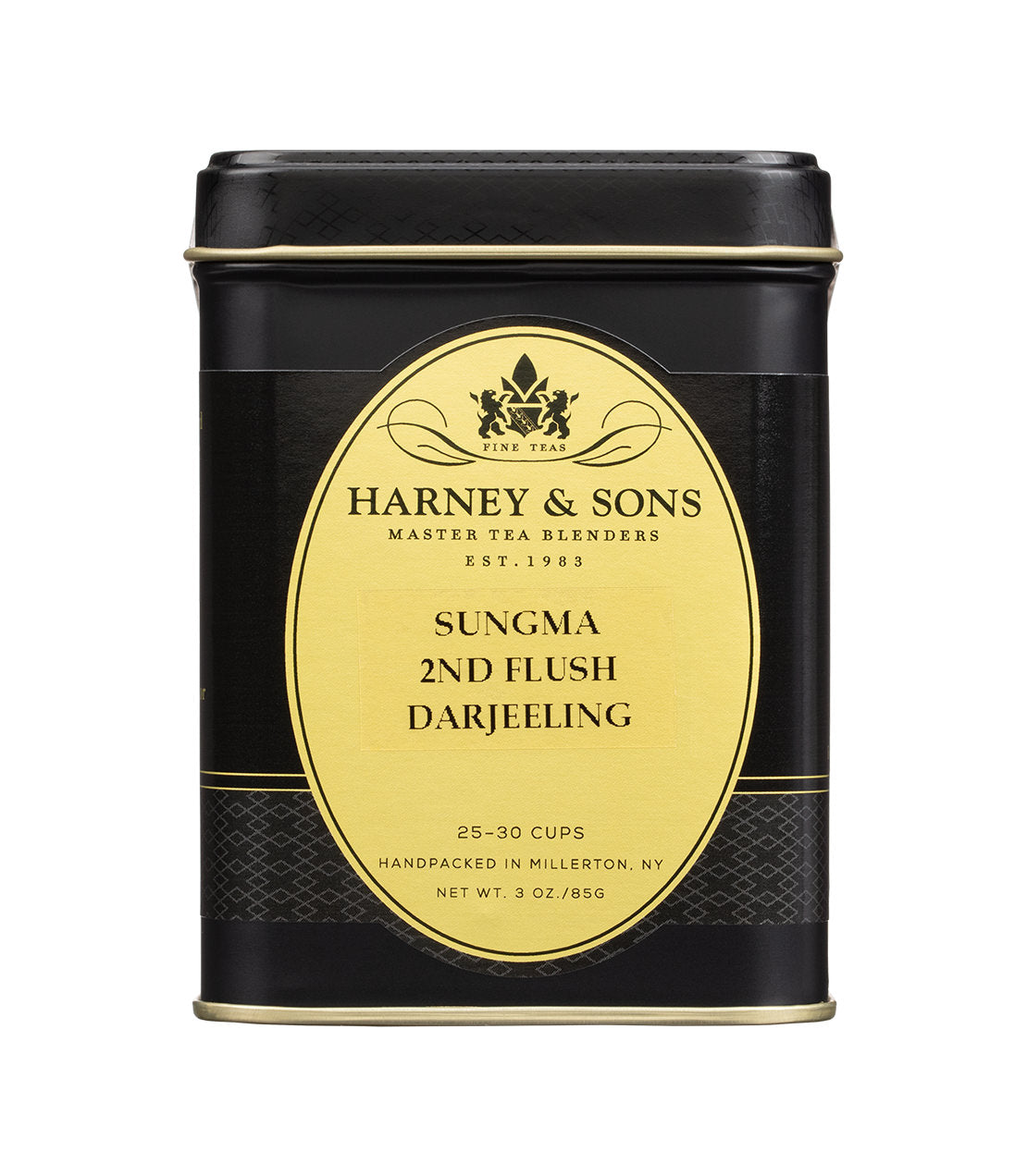 Harney & Sons Sungma 2nd Flush Darjeeling tea tin, 3 oz, featuring a black design with gold accents.