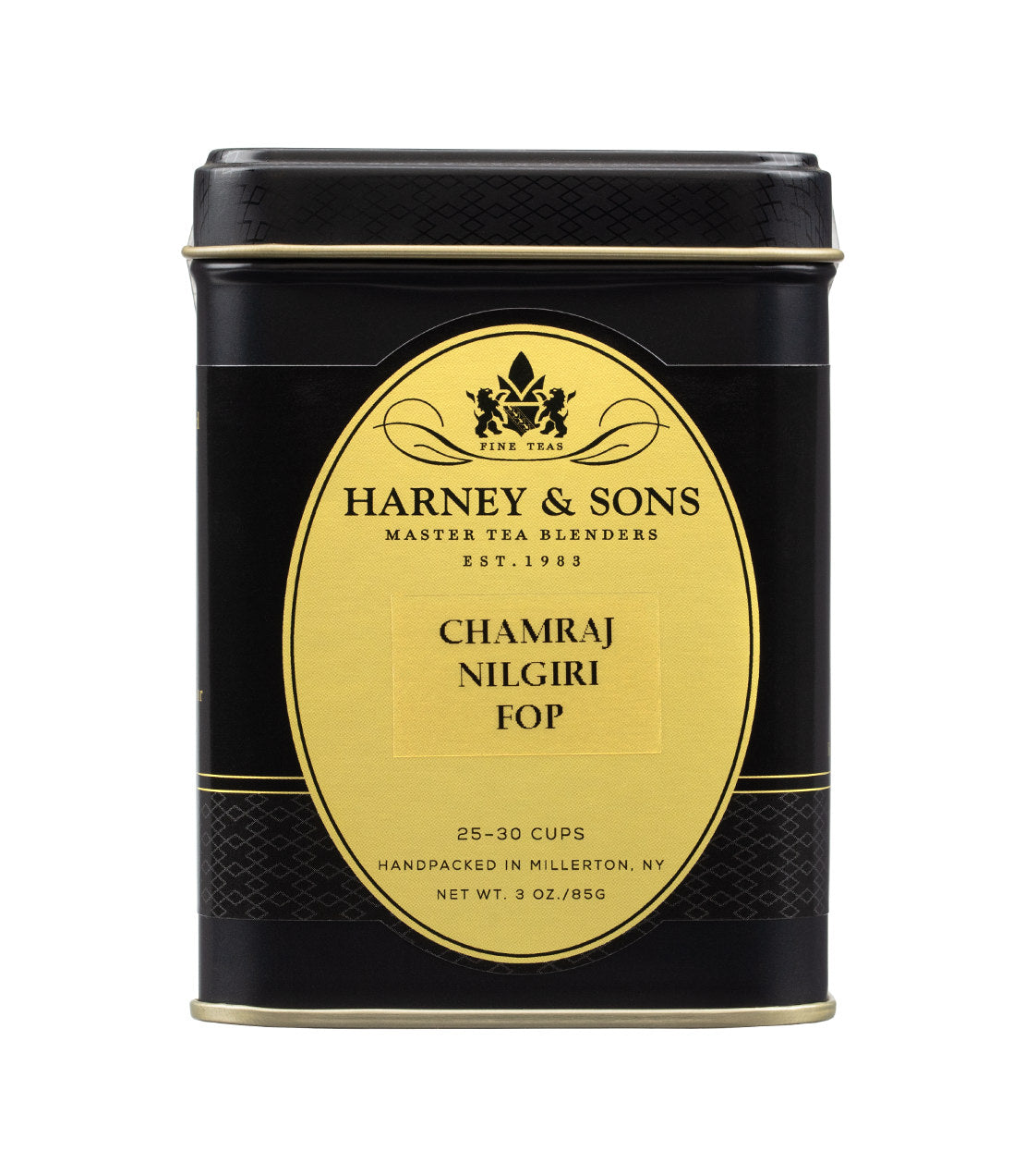 Harney & Sons Fine Teas- Chamraj Nilgiri FOP- Black and gold tin containing 3oz of loose tea