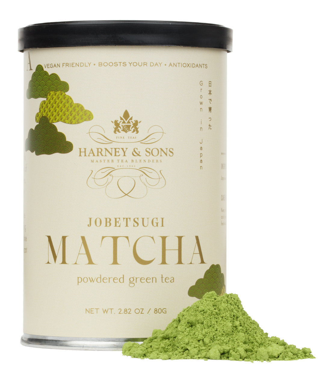 Harney & Sons Fine Teas- 80 Gram tin of Jobetsugi Matcha powder with vibrant green matcha powder piled in front- Tin is beige with green and gold accents