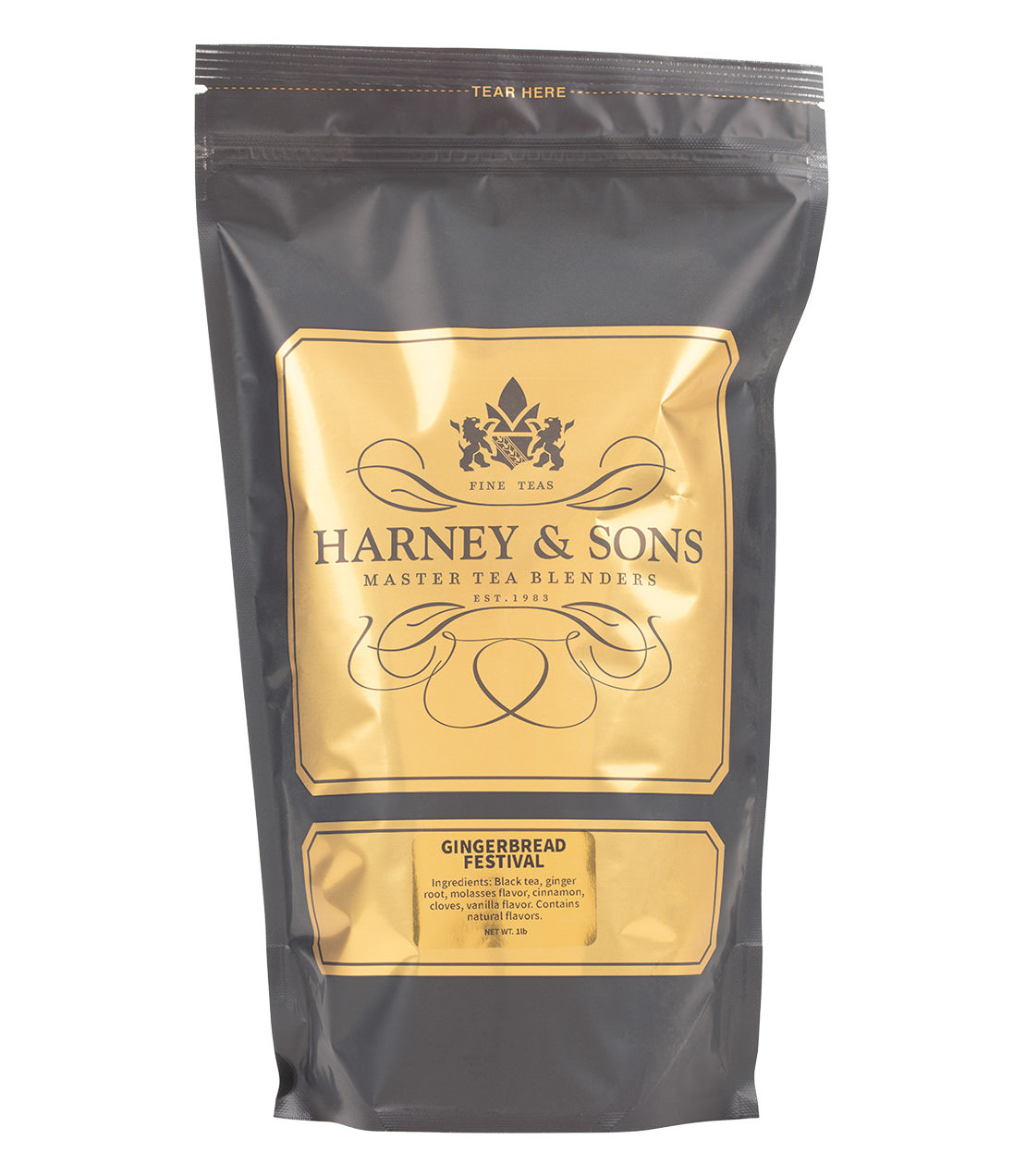 Harney & Sons Fine Teas- Gingerbread Festival- Black and gold bag of 1lb of loose tea