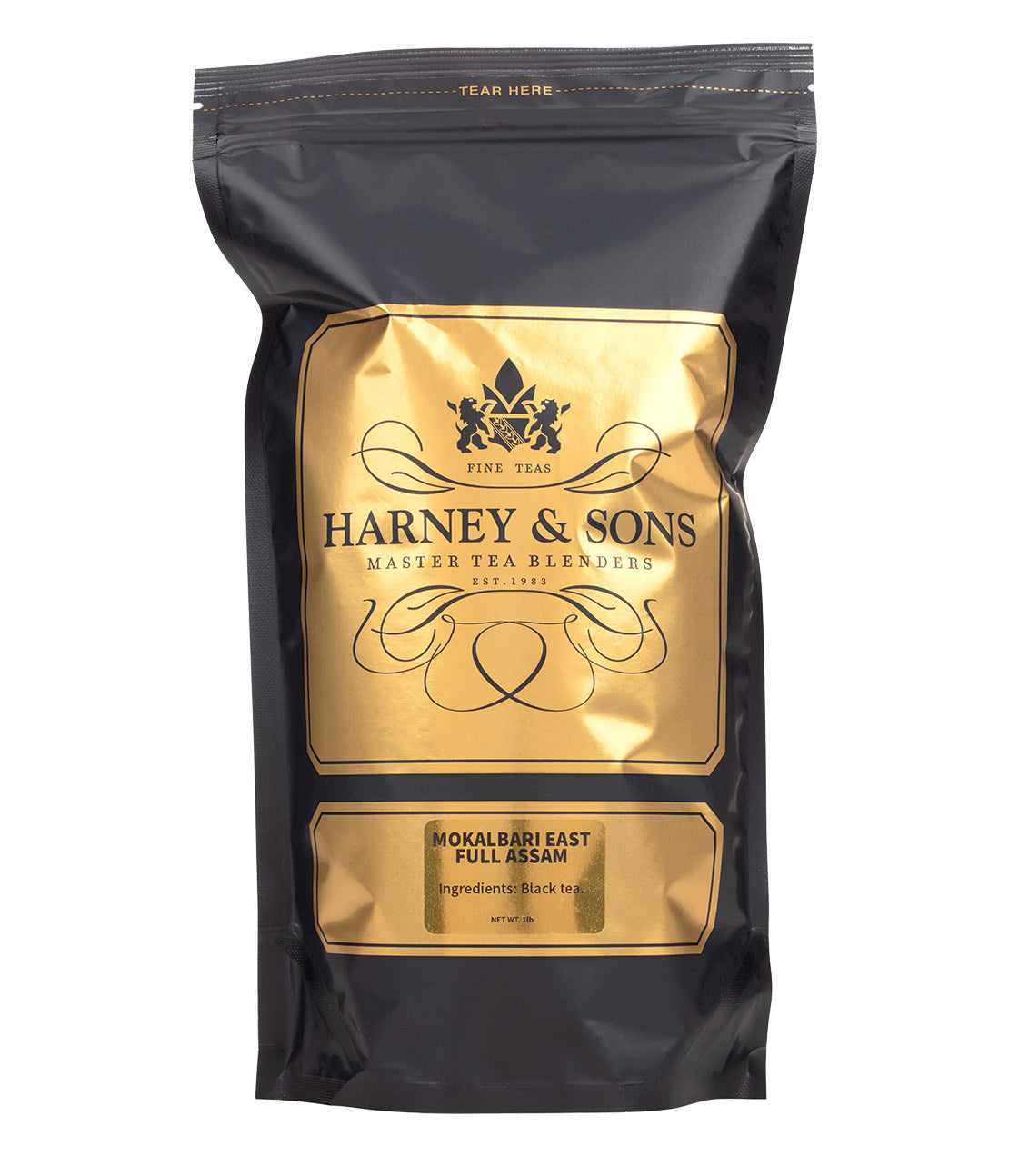 Mokalbari East Full Assam black tea packaging by Harney & Sons, featuring a gold and black design.