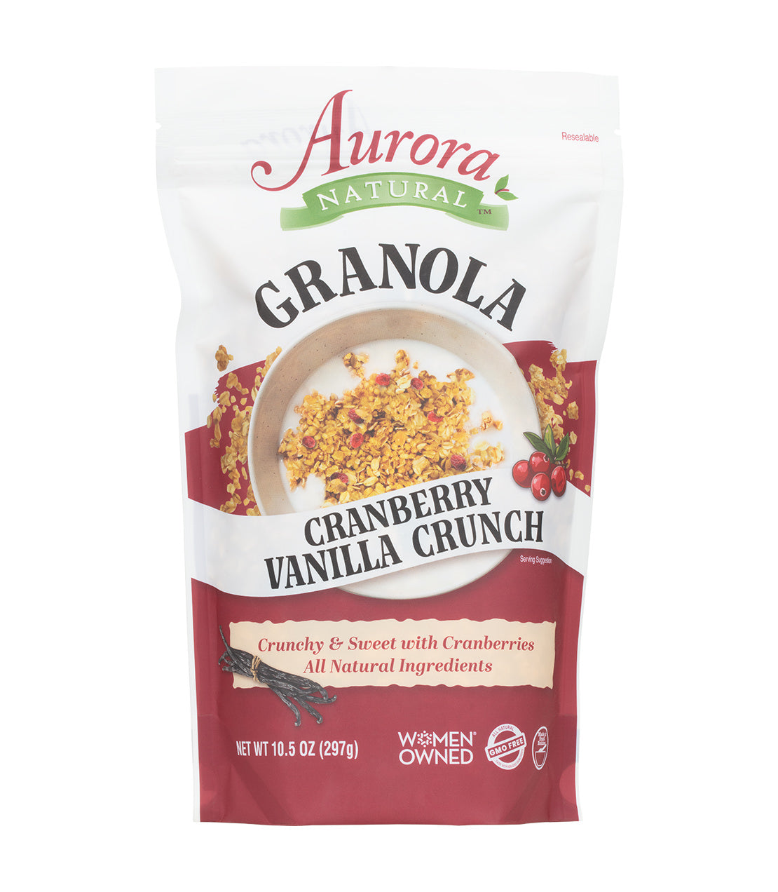 Aurora Natural Granola- Cranberry Vanilla Crunch- Red and white 10.5 oz bag