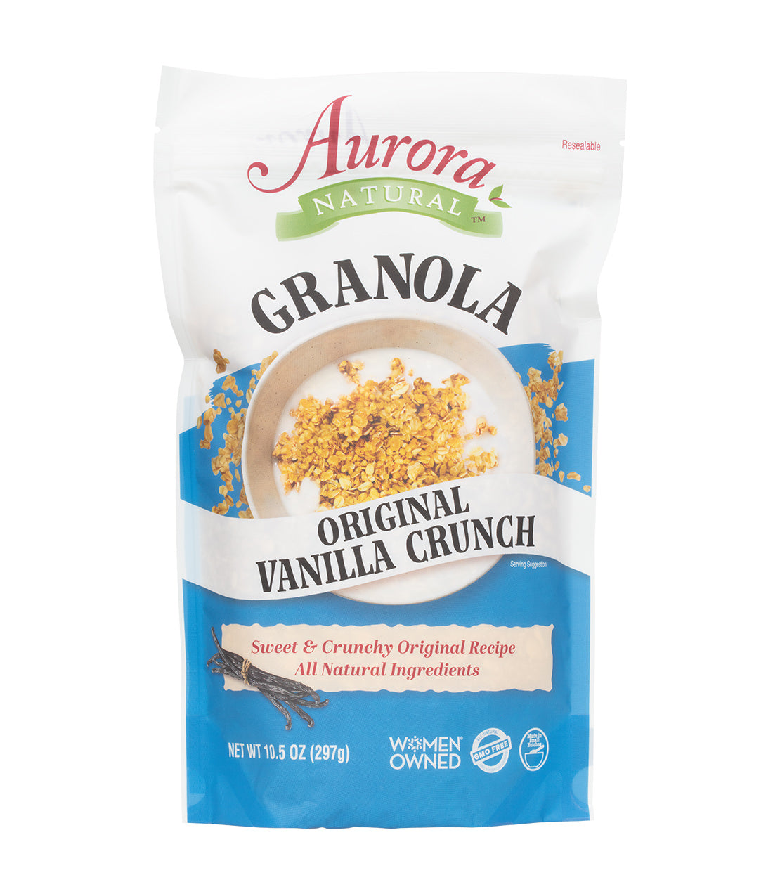 Aurora Natural Granola- Original Vanilla Crunch- Blue and white 10.5 oz bag
