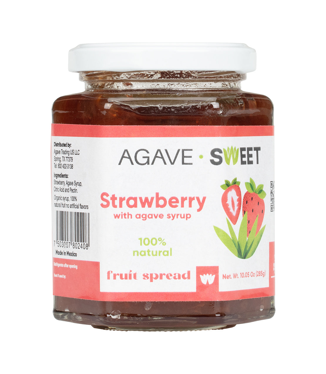 Agave Sweet- Strawberry with agave syrup- 100% natural fruit spread- Red and white 10.05 oz jar