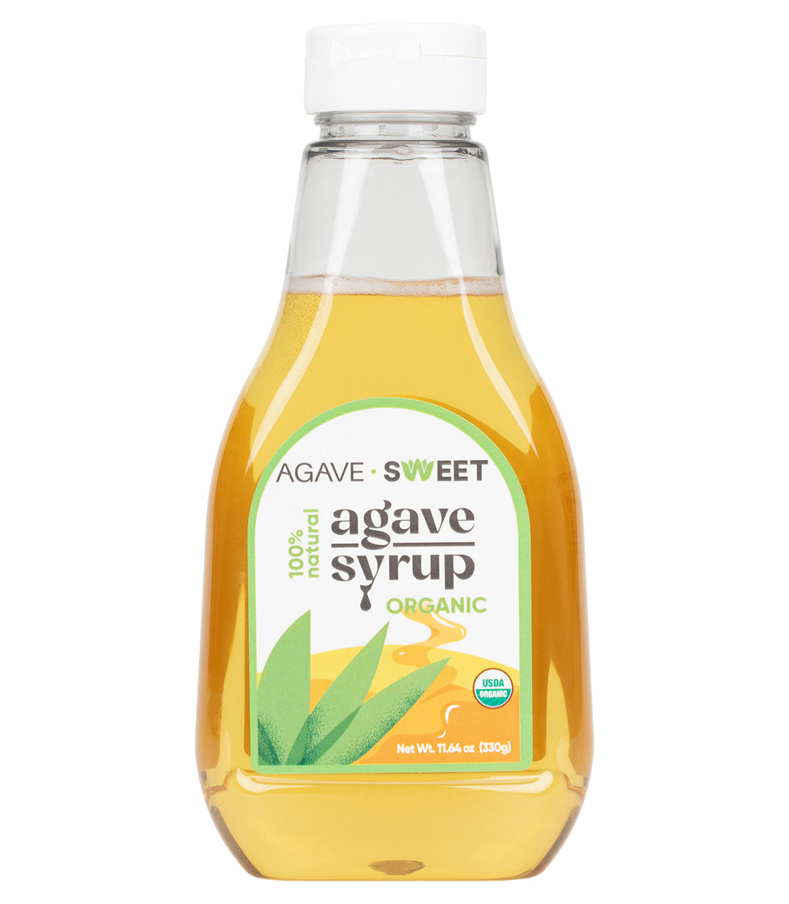Agave Sweet- 100% Natural Organic Agave Syrup- 11.64 oz clear bottle with yellow, white, and green label