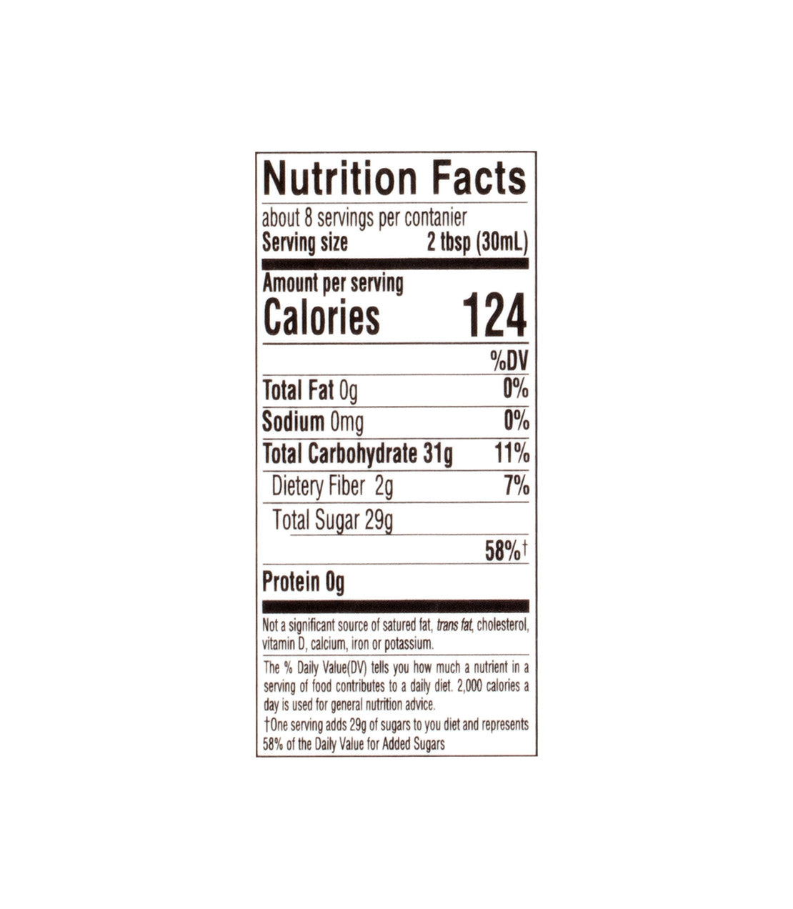 Agave Sweet- 100% Natural Organic Agave Syrup- Nutrition Facts- Serving Size 2 tbsp (30mL)- Calories 124