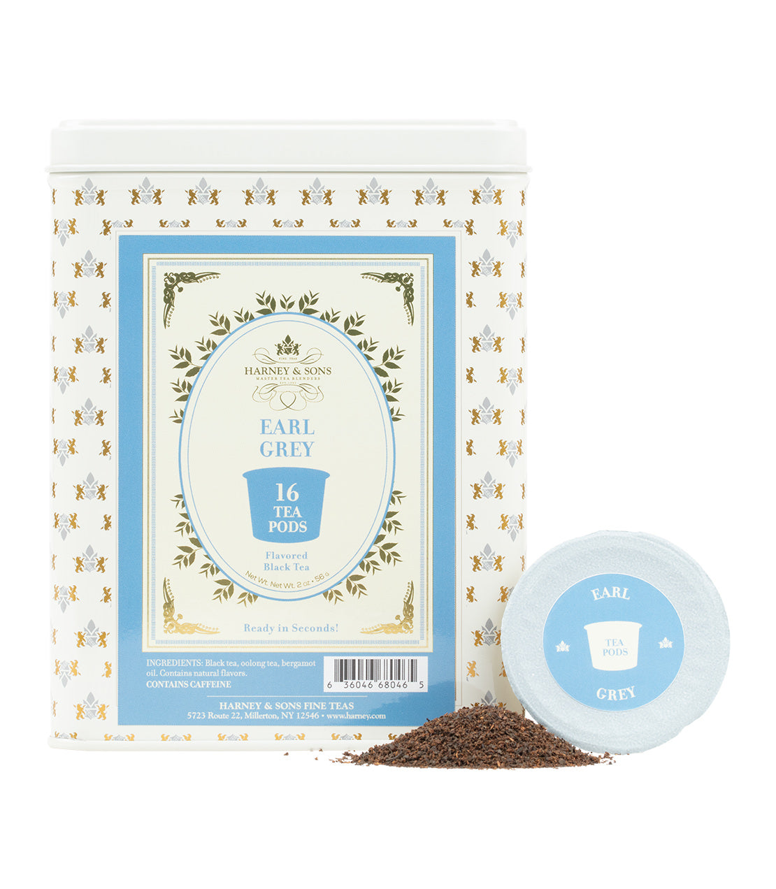 Harney & Sons Fine Teas- Earl Grey Tea Pods- Cream hinged canister pictured with blue highlights- pile of tea- pod on side