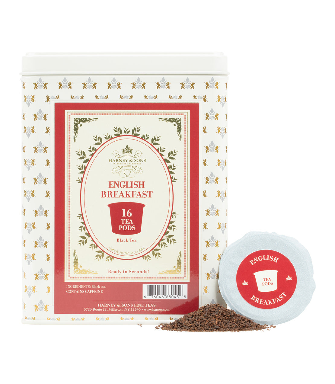 Harney & Sons Fine Teas- English Breakfast Tea Pods- Cream hinged canister pictured with red highlights- pile of tea- pod on side