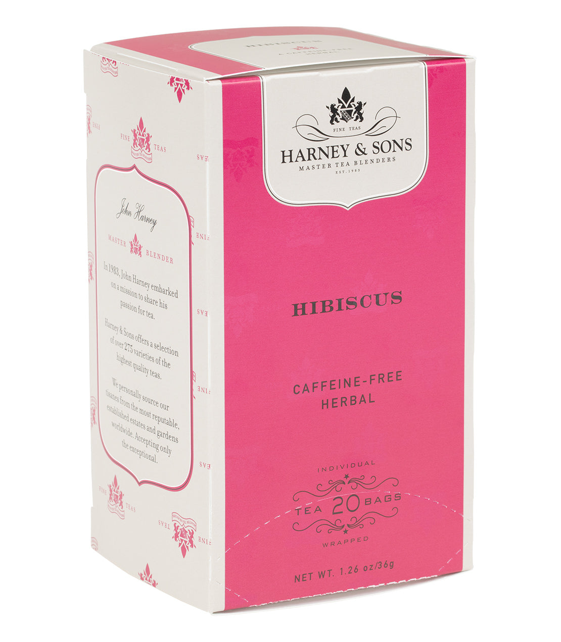 Box of 20 premium hibiscus teabags, caffeine-free herbal tea by Harney & Sons, elegantly packaged in pink.