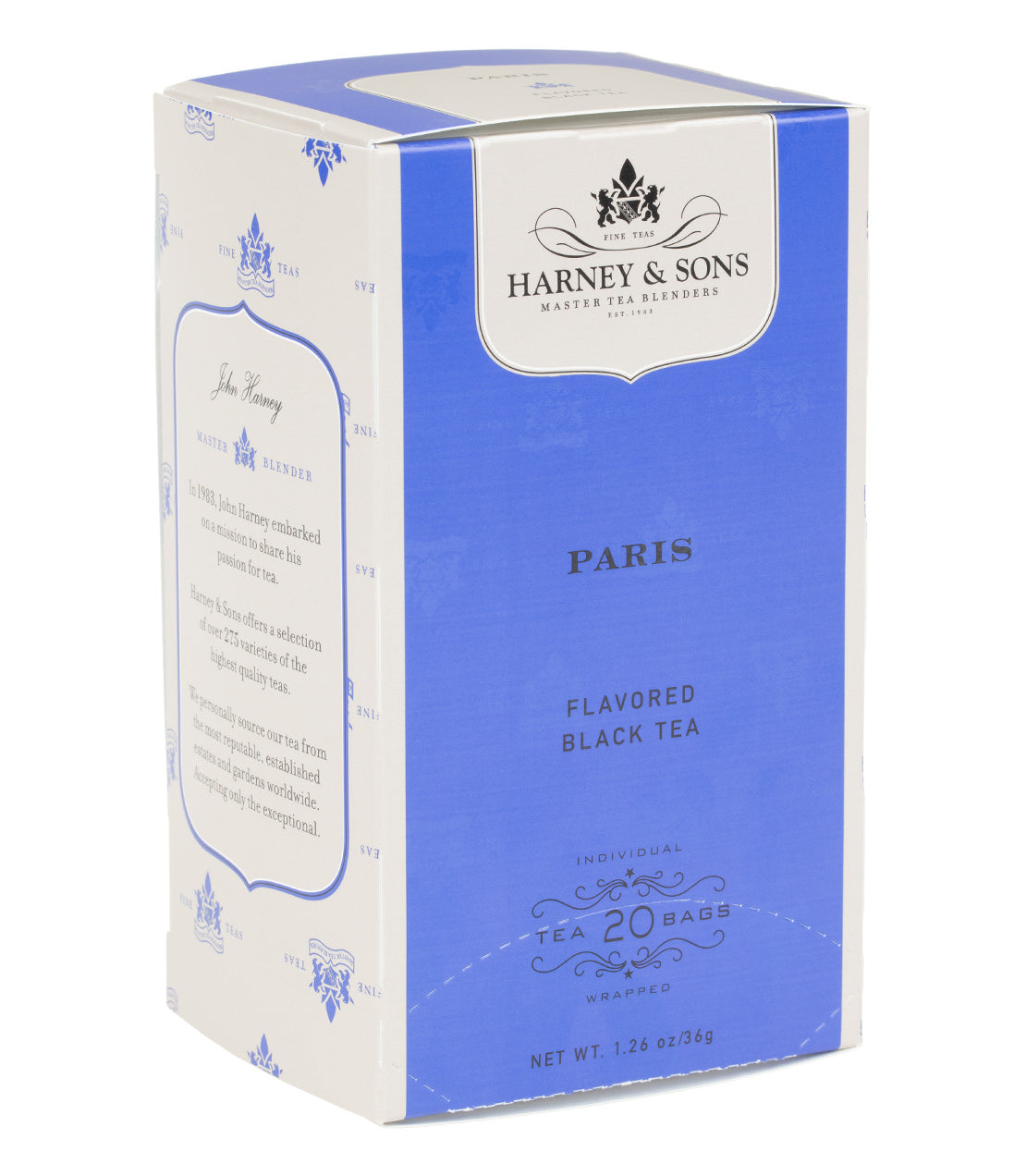Blue and white box of Harney & Sons Paris flavored black tea, containing 20 individually wrapped tea bags.