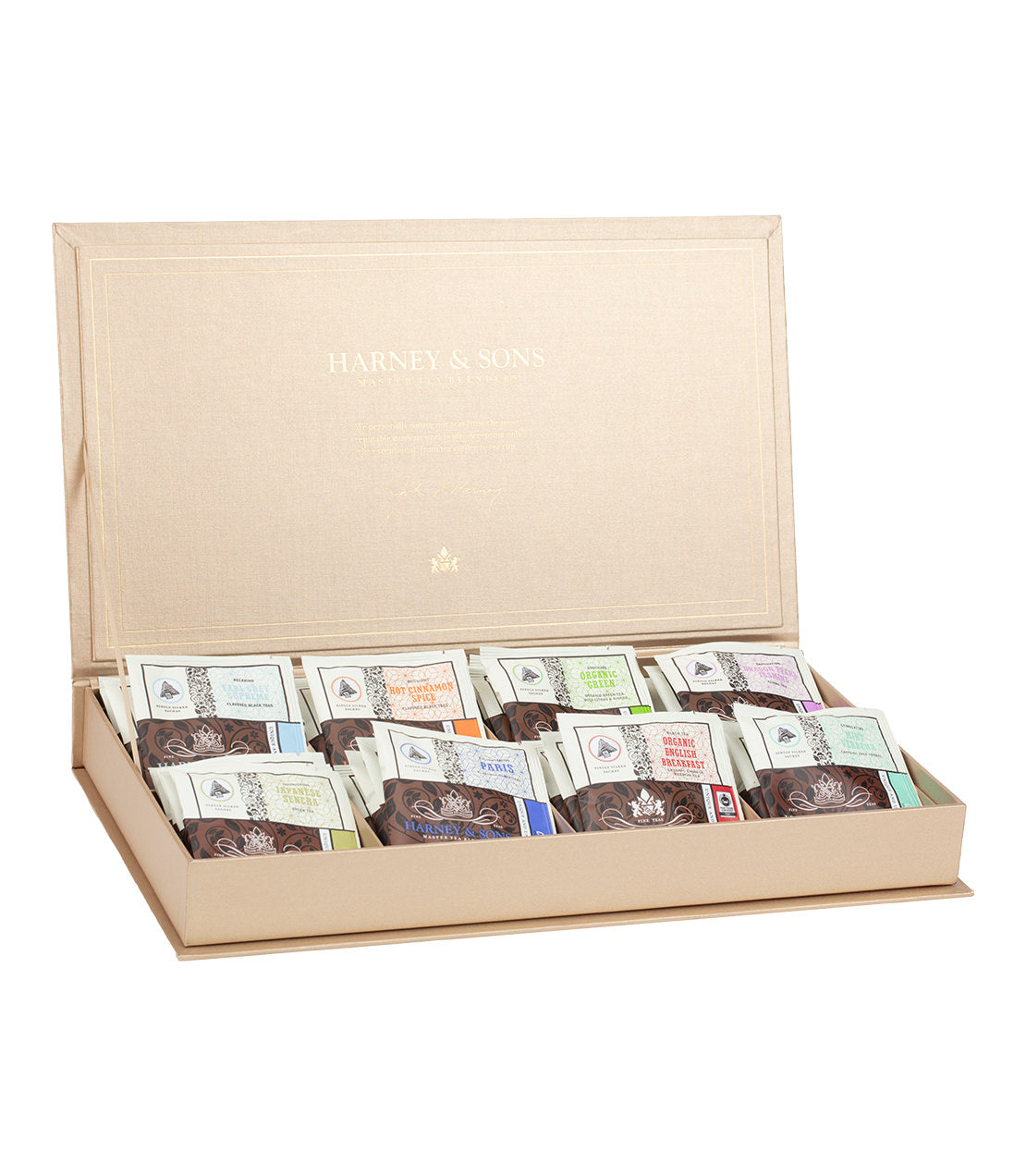 Elegant tea chest showcasing eight assorted teas, beautifully packaged in individual sachets. Perfect for tea lovers.