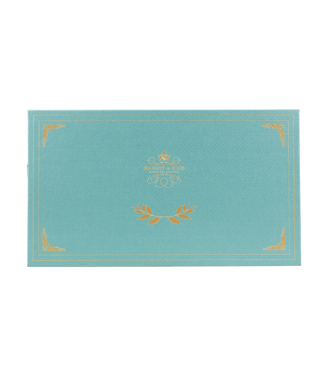 Elegant tea chest featuring eight assorted teas, beautifully packaged in a turquoise box with gold accents.